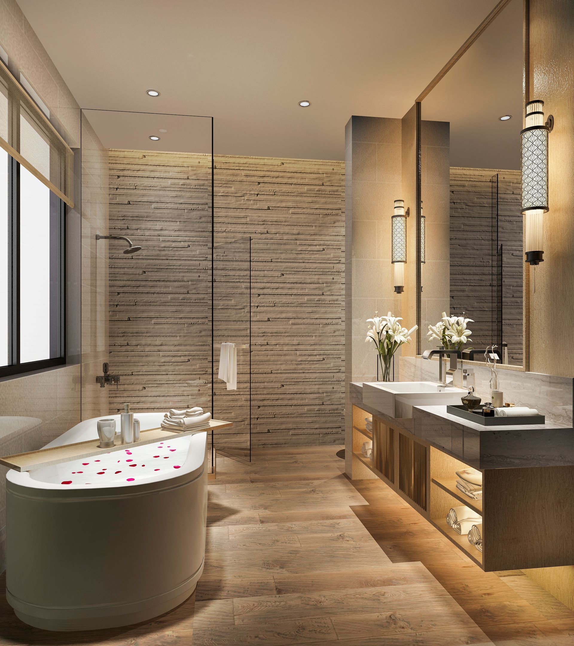 Modern spa bathroom with a freestanding tub, double vanity, wood finishes, and warm lighting Modern spa bathroom with a freestanding tub, double vanity, wood finishes, and warm lighting
