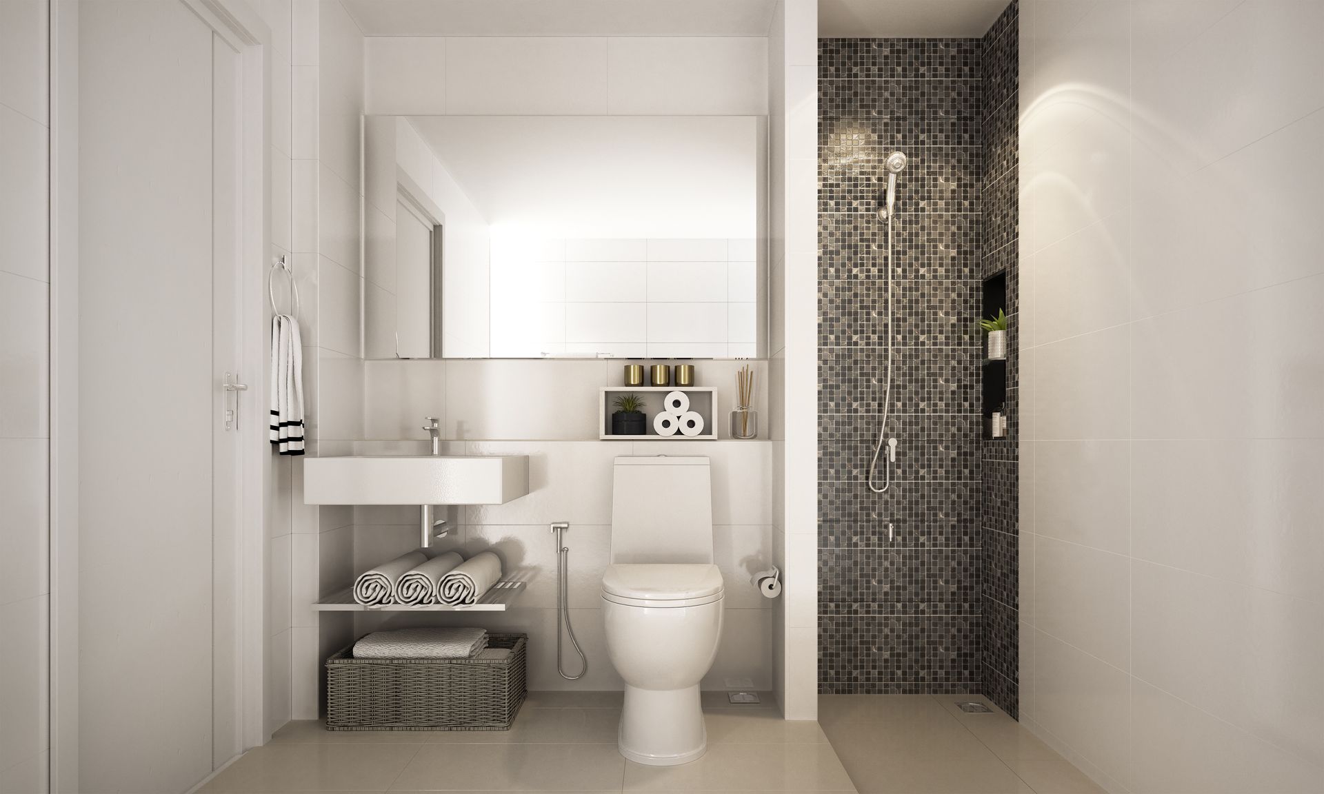 Modern white bathroom with toilet, sink, shelf, mirror, towels, and dark tiled shower Modern white bathroom with toilet, sink, shelf, mirror, towels, and dark tiled shower