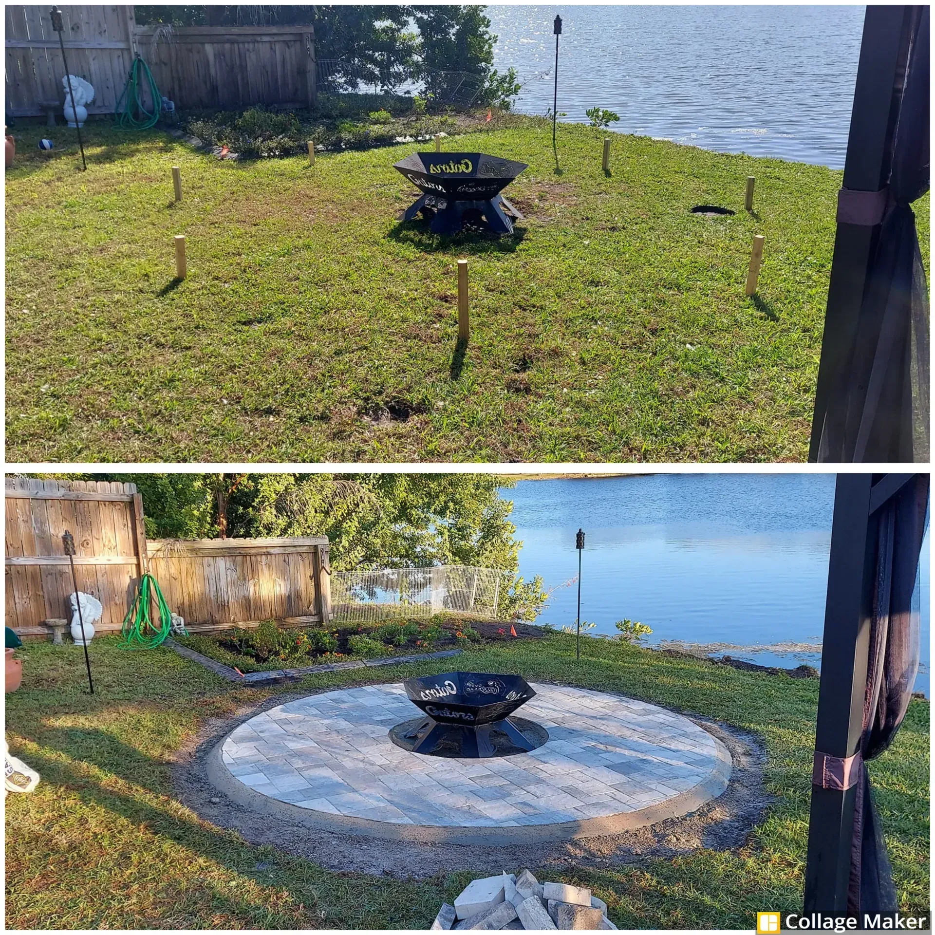 Before and after backyard fire pit area by the water, with grass replaced by a circular stone patio.