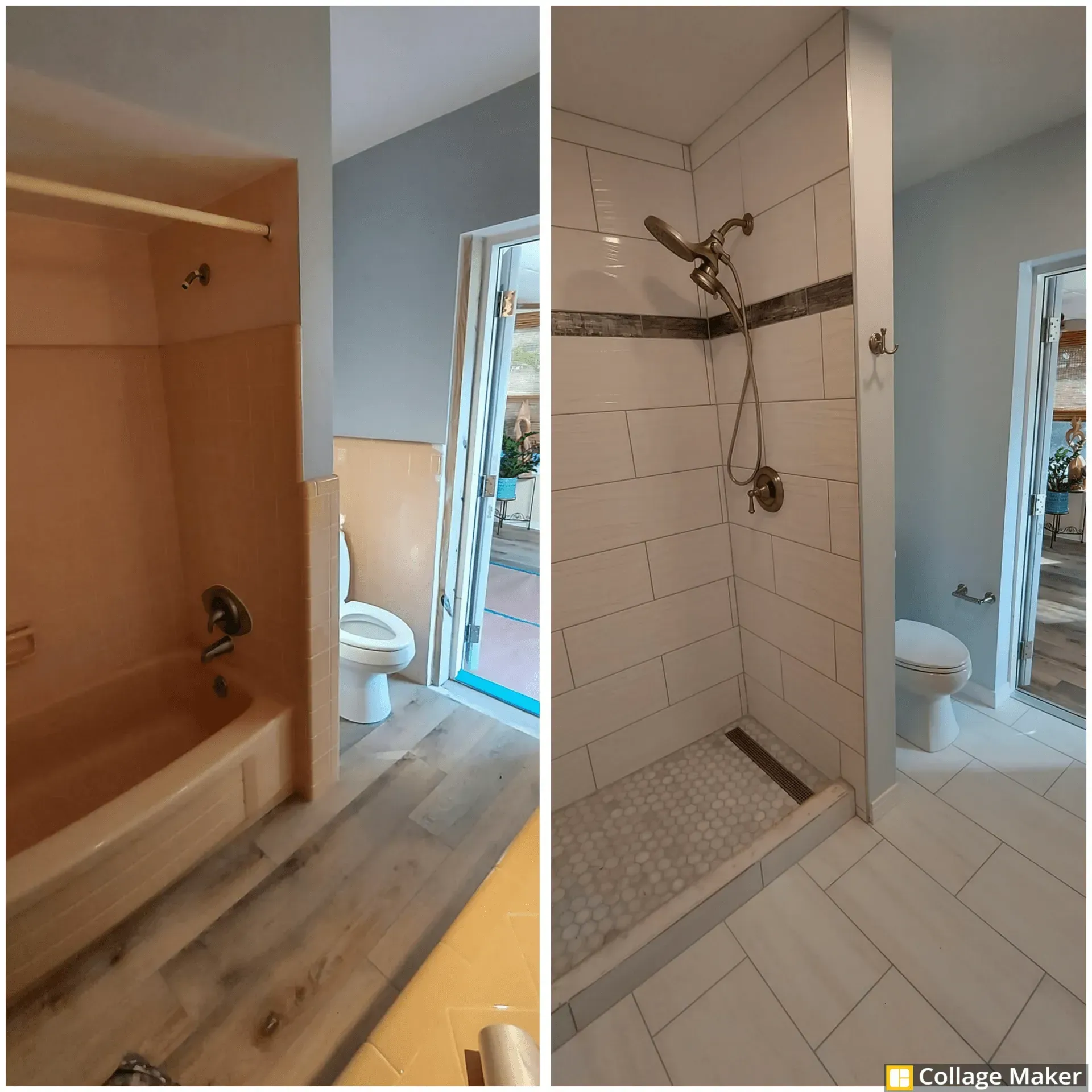 Before-and-after bathroom renovation: orange tub beside updated white-tiled walk-in shower.