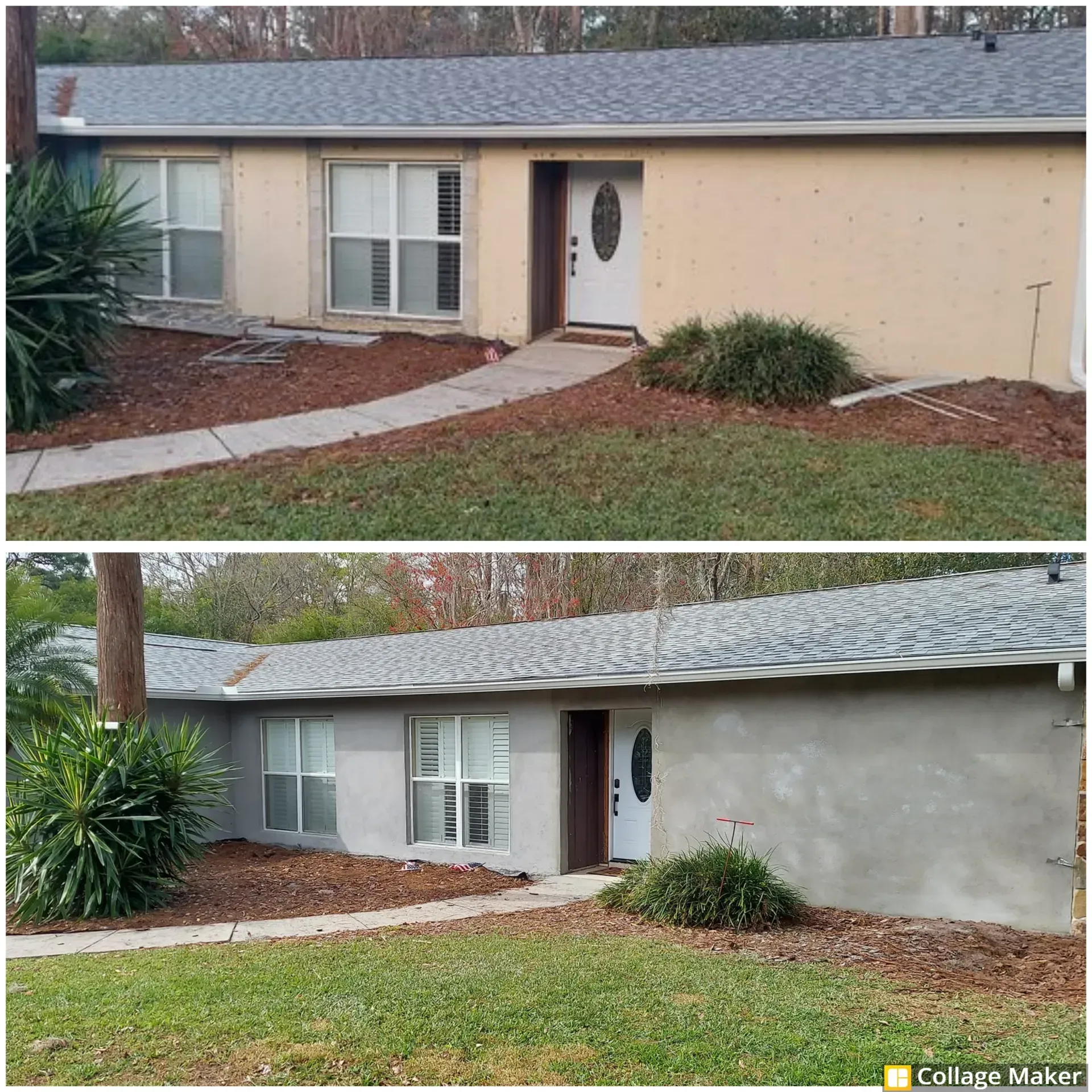 Before-and-after exterior of a single-story house with a freshly painted gray front wall and lawn.