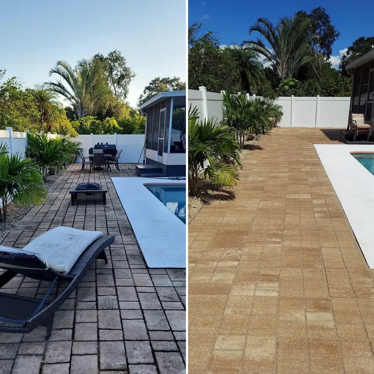 Before-and-after view of a backyard patio with pool, showing stone pavers on left and tan paving on right