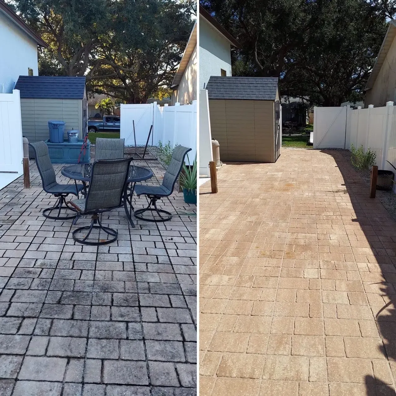 Patio before-and-after: cluttered paver area with chairs on left, cleared brick walkway on right.