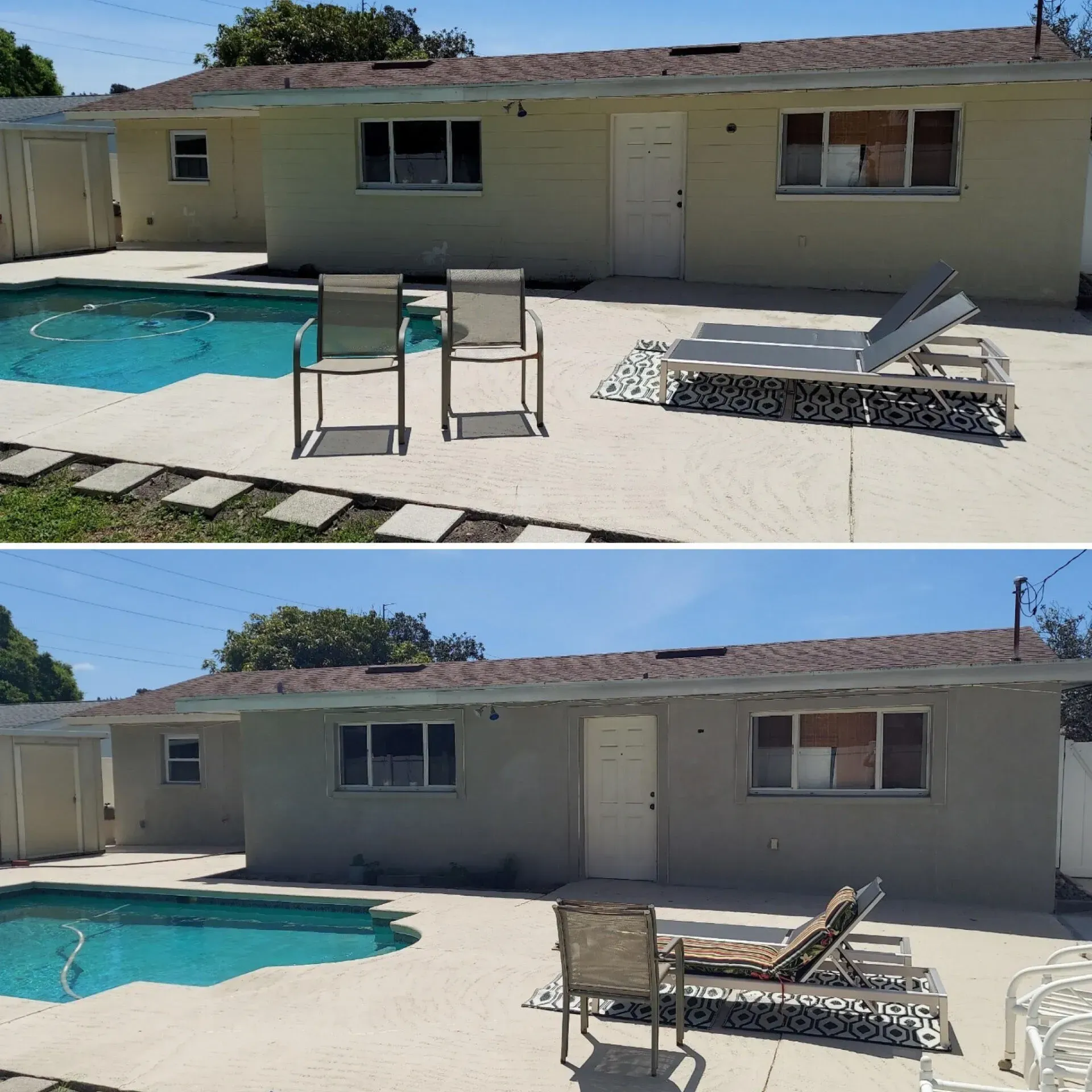 Backyard with a swimming pool, patio chairs, and a beige house exterior under bright sun
