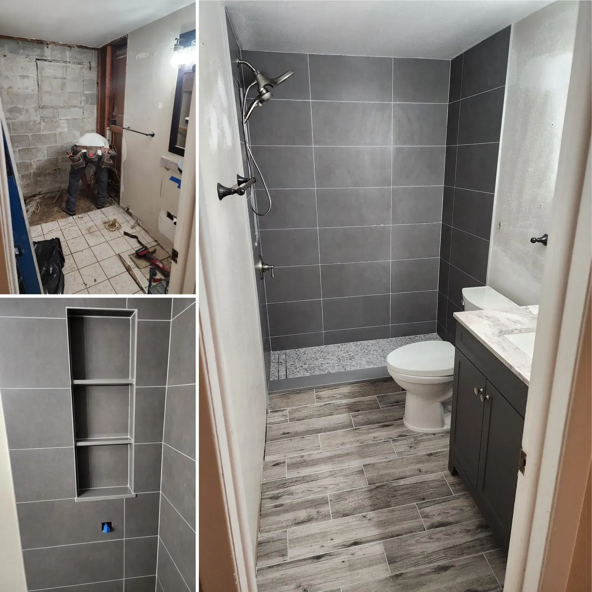 Bathroom remodel with gray tile shower, toilet, vanity, and unfinished tiled wall niche