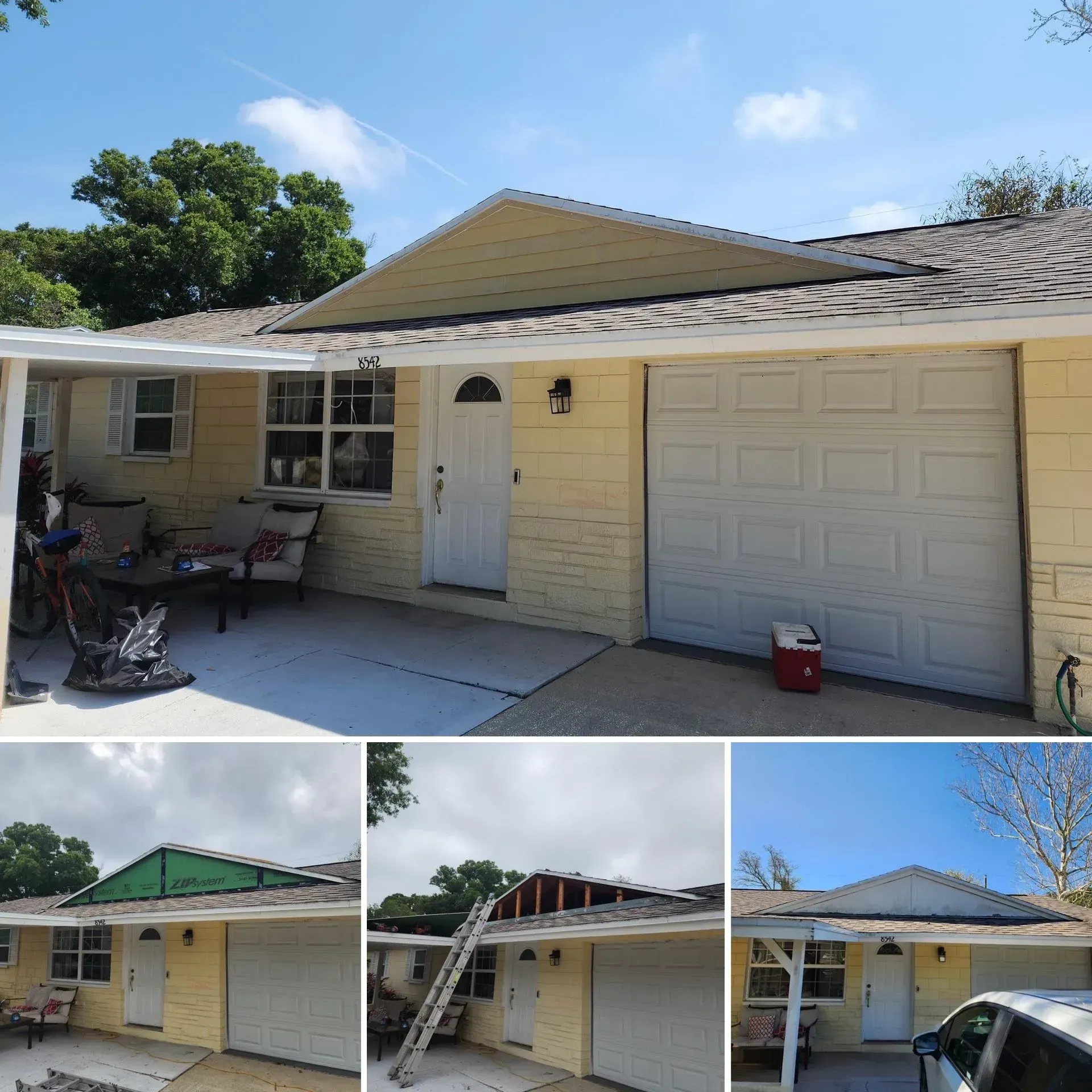 House exterior with yellow siding, white garage door, and small inset photos showing roof repair stages