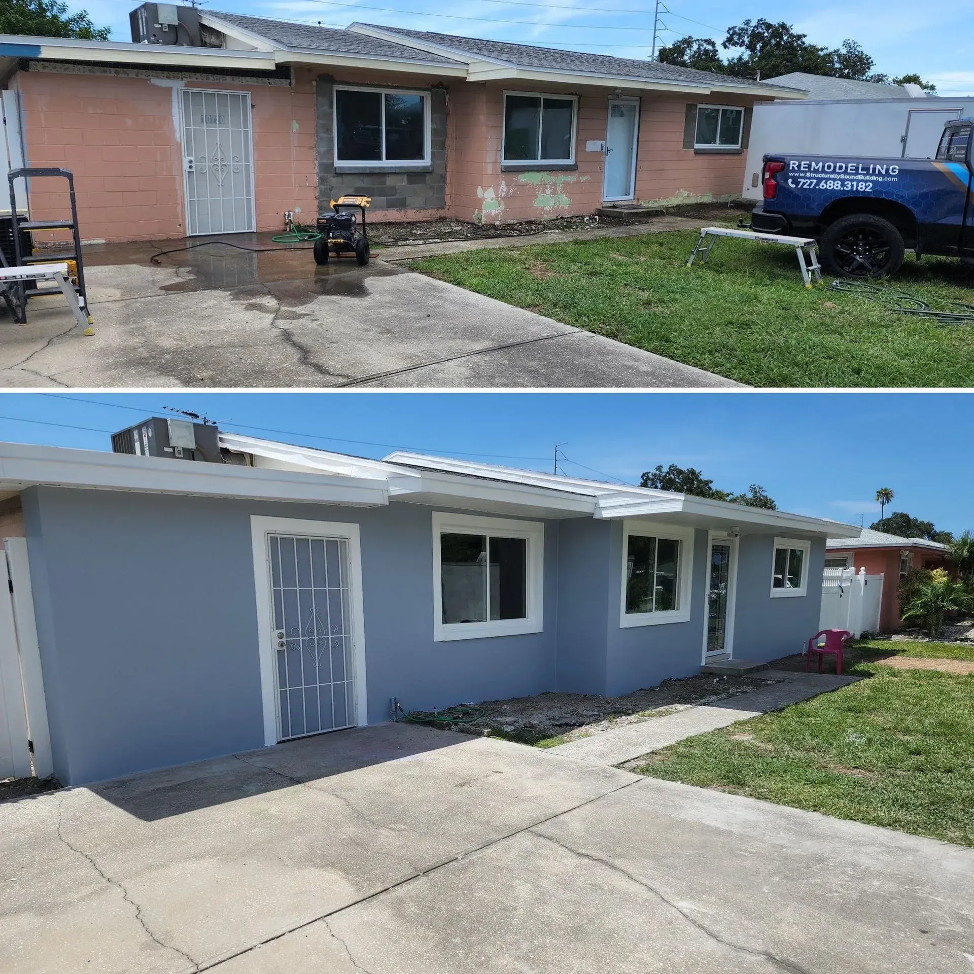 Before-and-after view of a single-story house exterior, with a pink facade above and a freshly painted gray facade below.