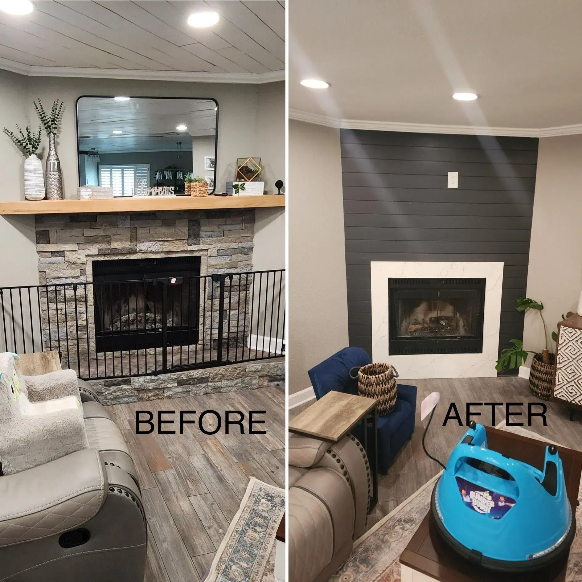 Before-and-after living room fireplace makeover; stone hearth changed to dark gray shiplap with white mantel.