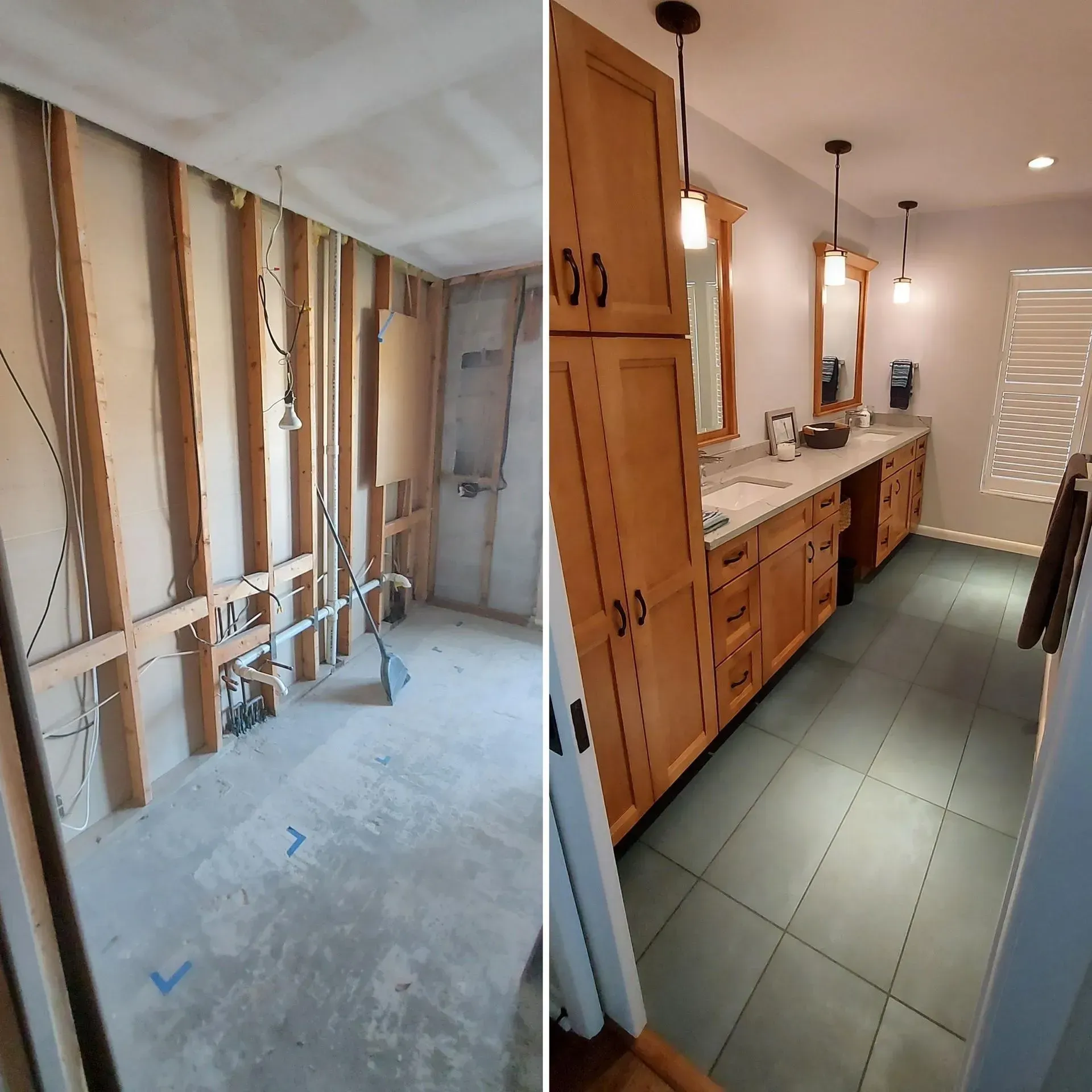 Split view of a bathroom remodel: exposed studs on the left, finished vanity and tile floor on the right.