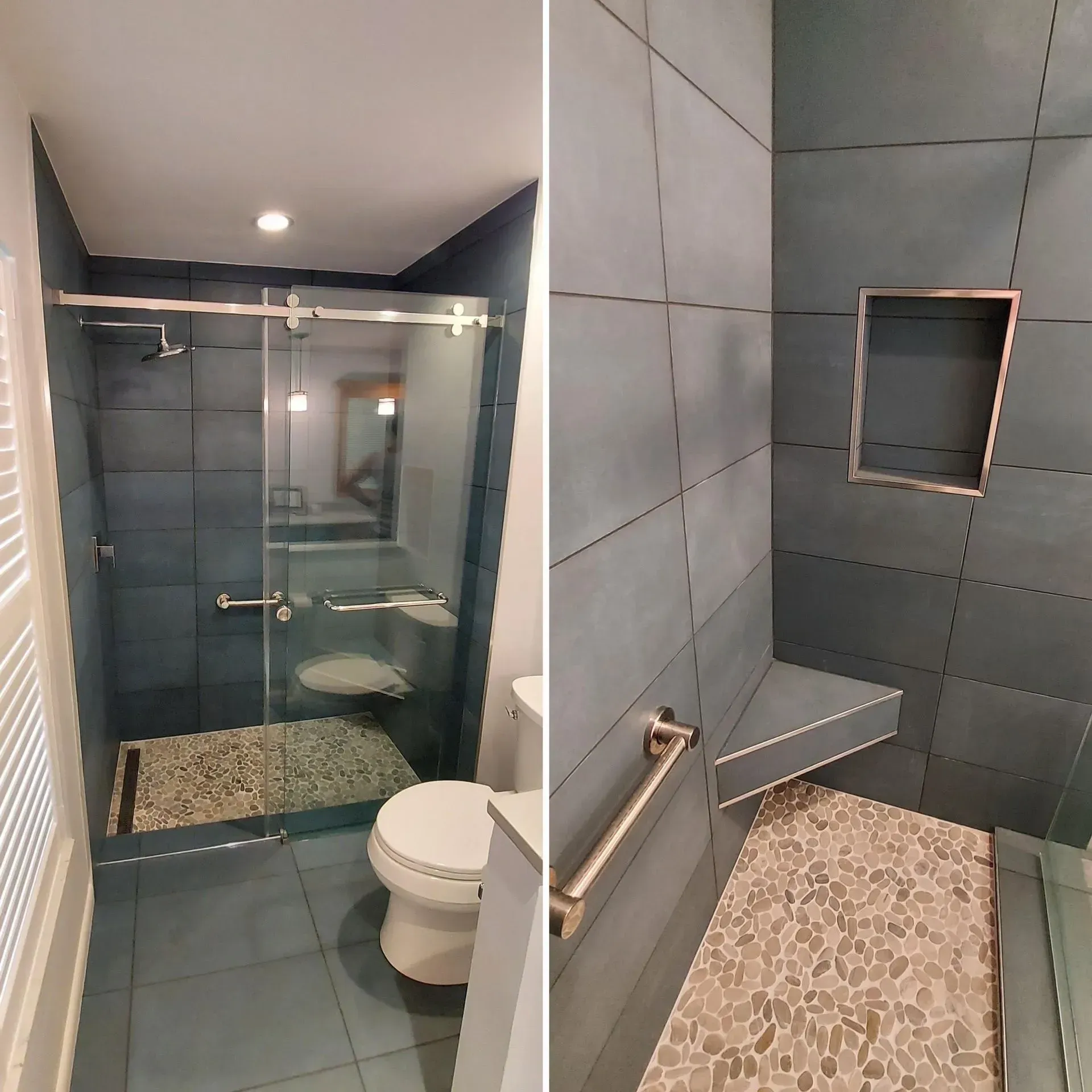 Modern bathroom with gray tile, glass shower, toilet, and a built-in bench with pebble floor accents