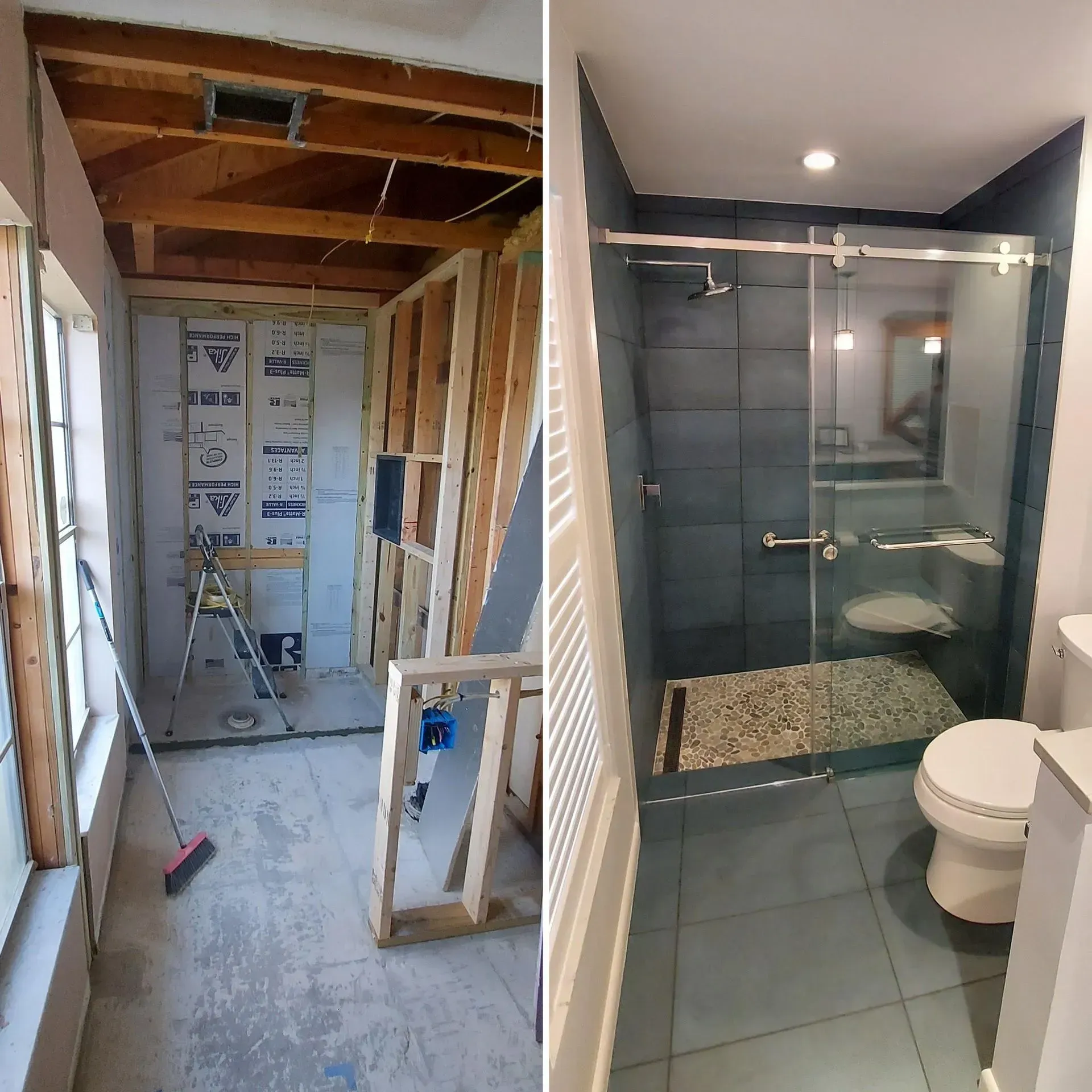 Bathroom renovation with exposed studs beside a finished modern bathroom with glass shower and toilet