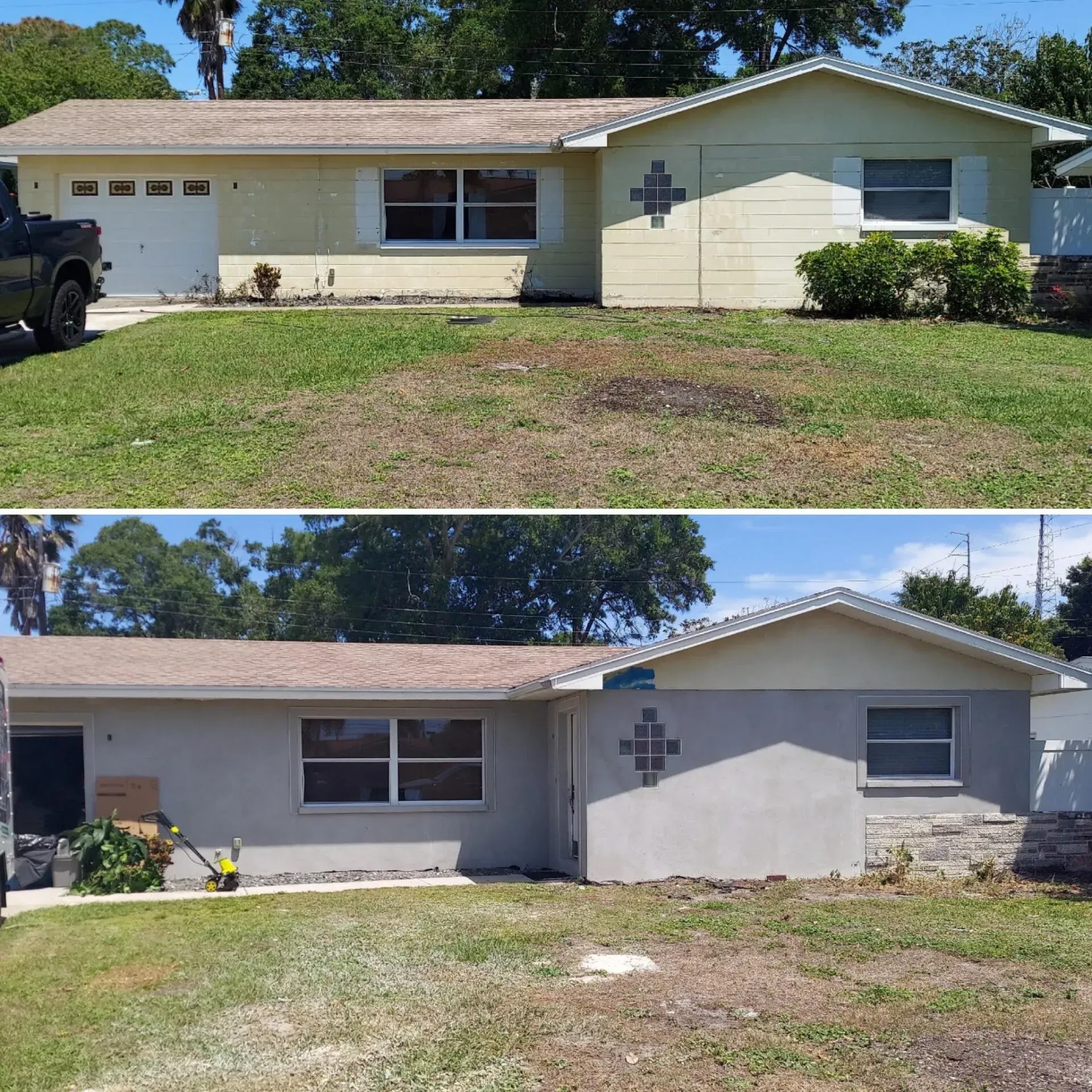 Two exterior views of a single-story house with a lawn, garage, and front windows.