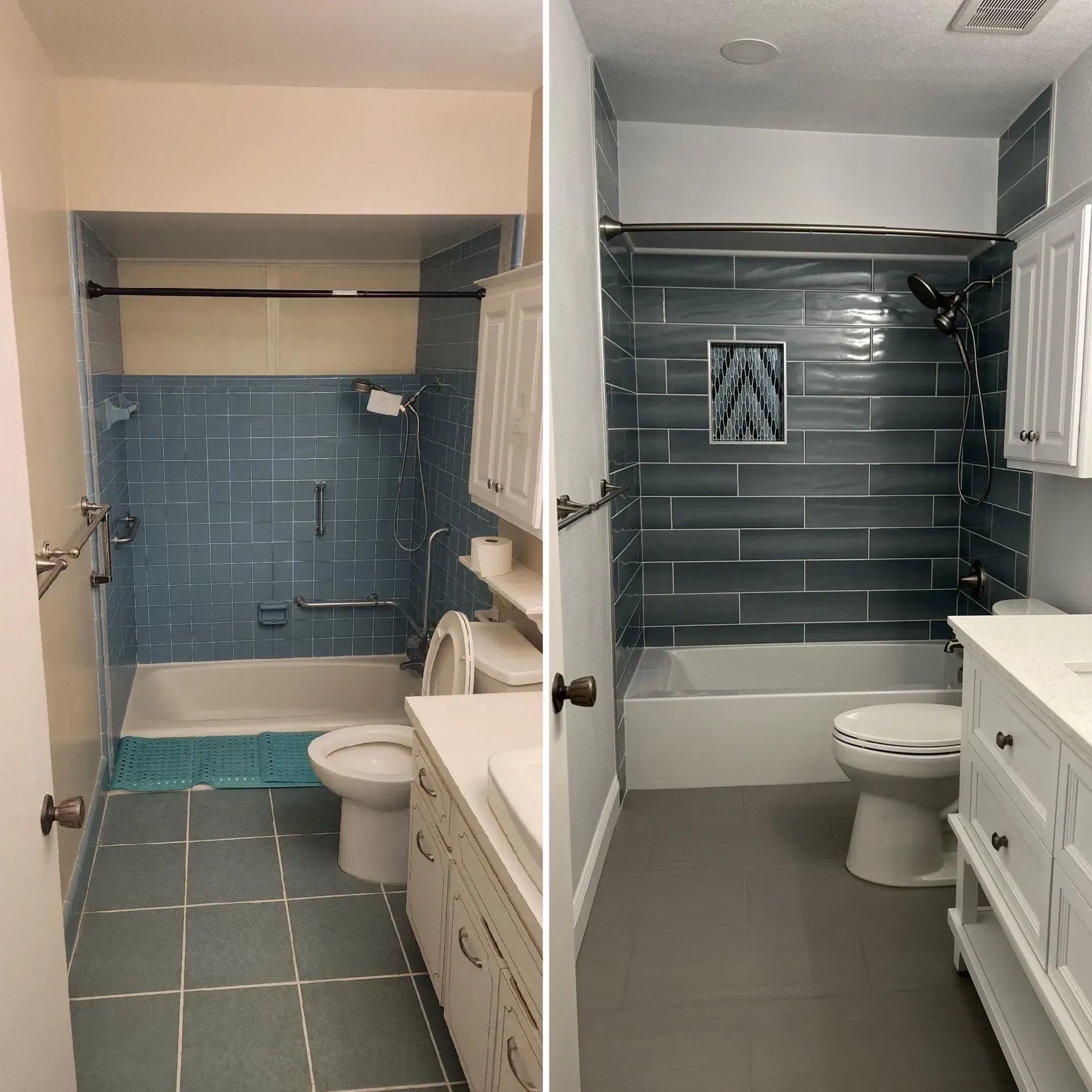 Side-by-side bathroom remodel: old blue-tile tub area and updated dark-tile bath with white vanity.