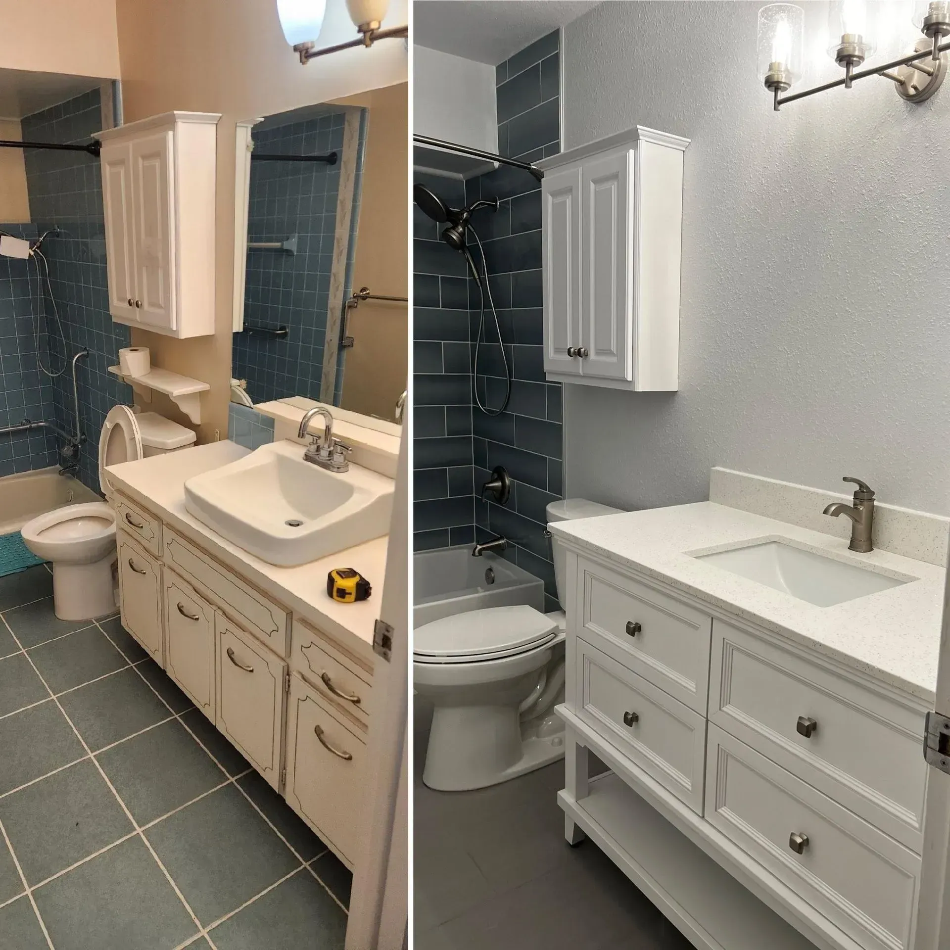 Side-by-side bathroom vanity and sink before-and-after: beige counters and blue tile, then white vanity and gray tile.