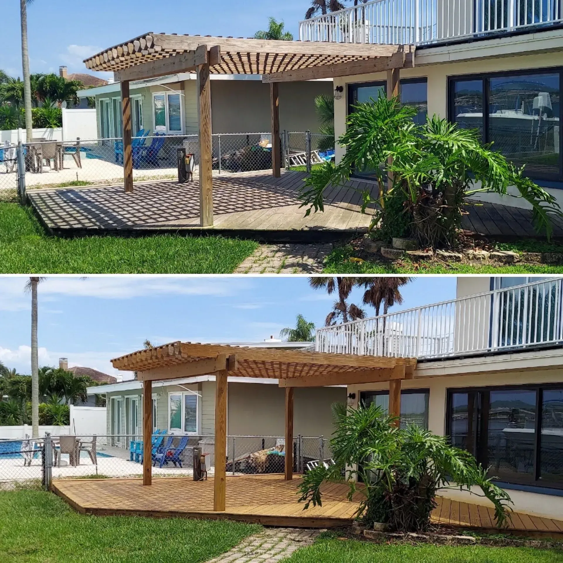 Two views of a modern house patio with a wooden pergola, lawn, and tropical plants under a blue sky