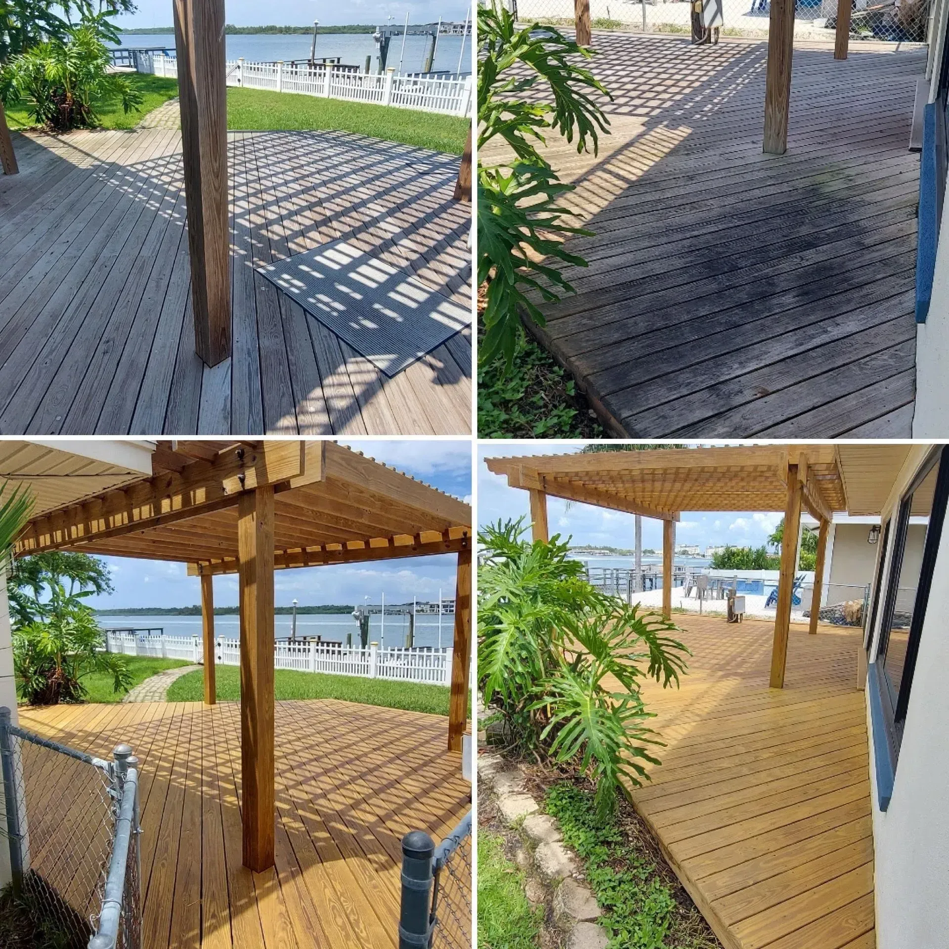 Four views of a wooden deck and pergola beside a waterfront with railings and greenery