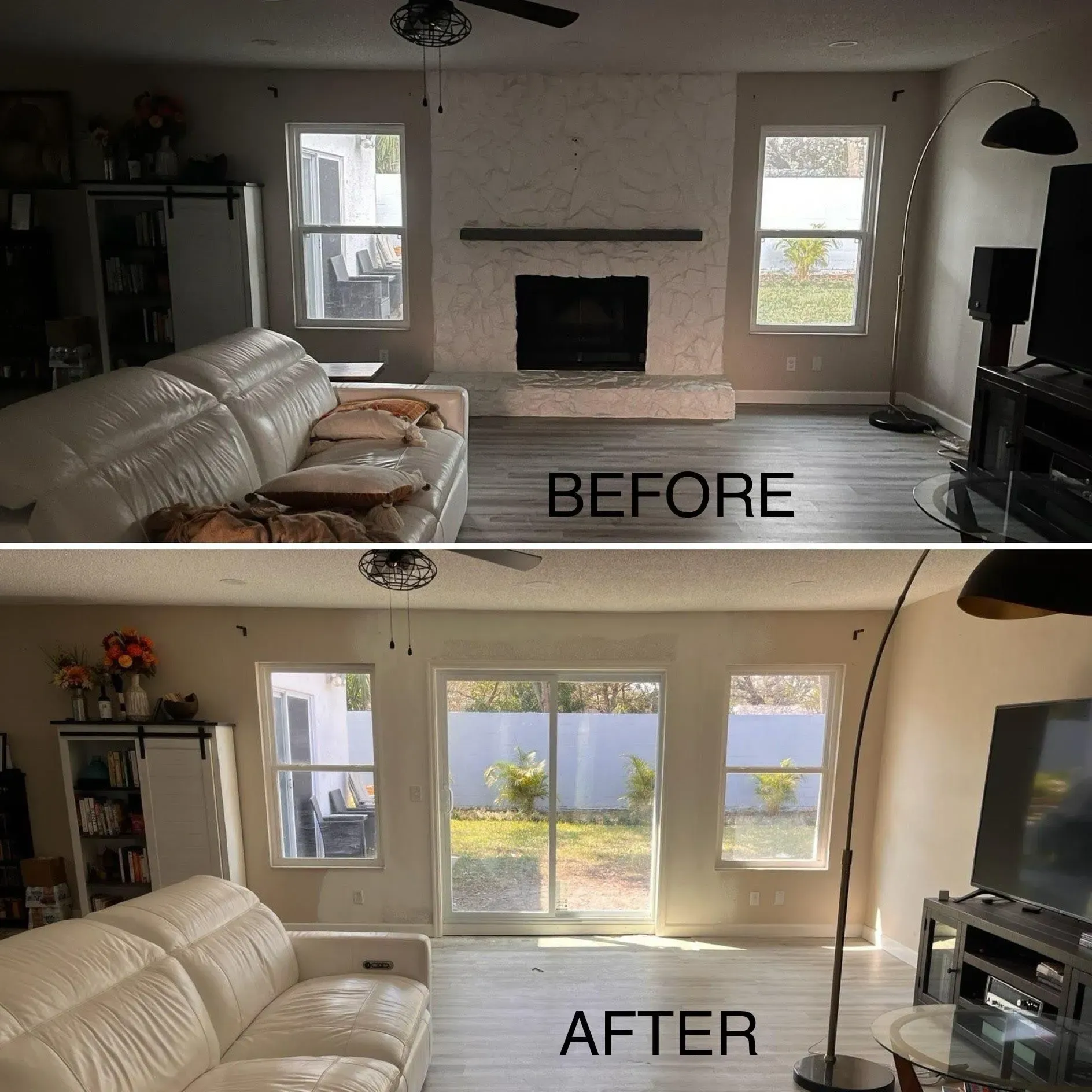 Split-view living room before and after: darker room becomes brighter with open windows and more natural light.
