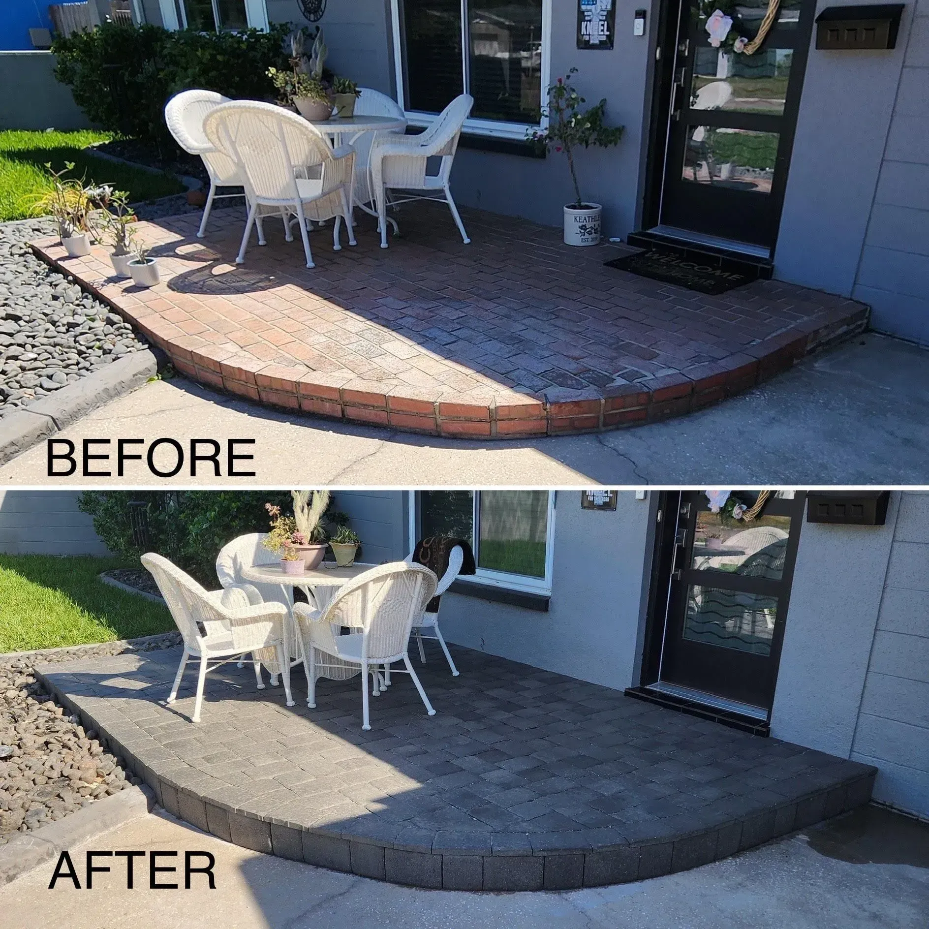 Before-and-after patio renovation: curved brick edge and paver surface replacing a plain concrete patio.