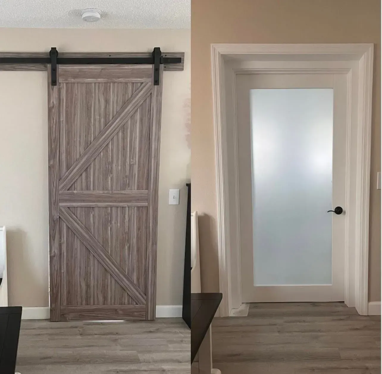 Split image of two interior doors: left is gray wood barn door, right is white frosted glass door.