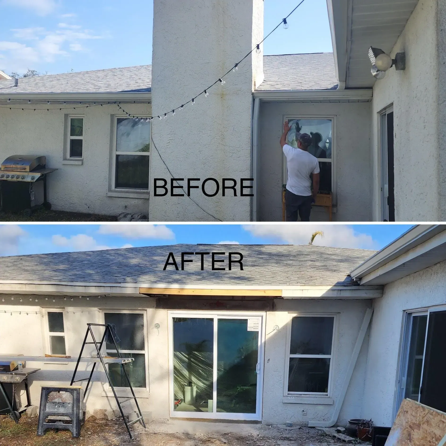 Before-and-after of a house exterior renovation, showing a new sliding glass door and updated siding.