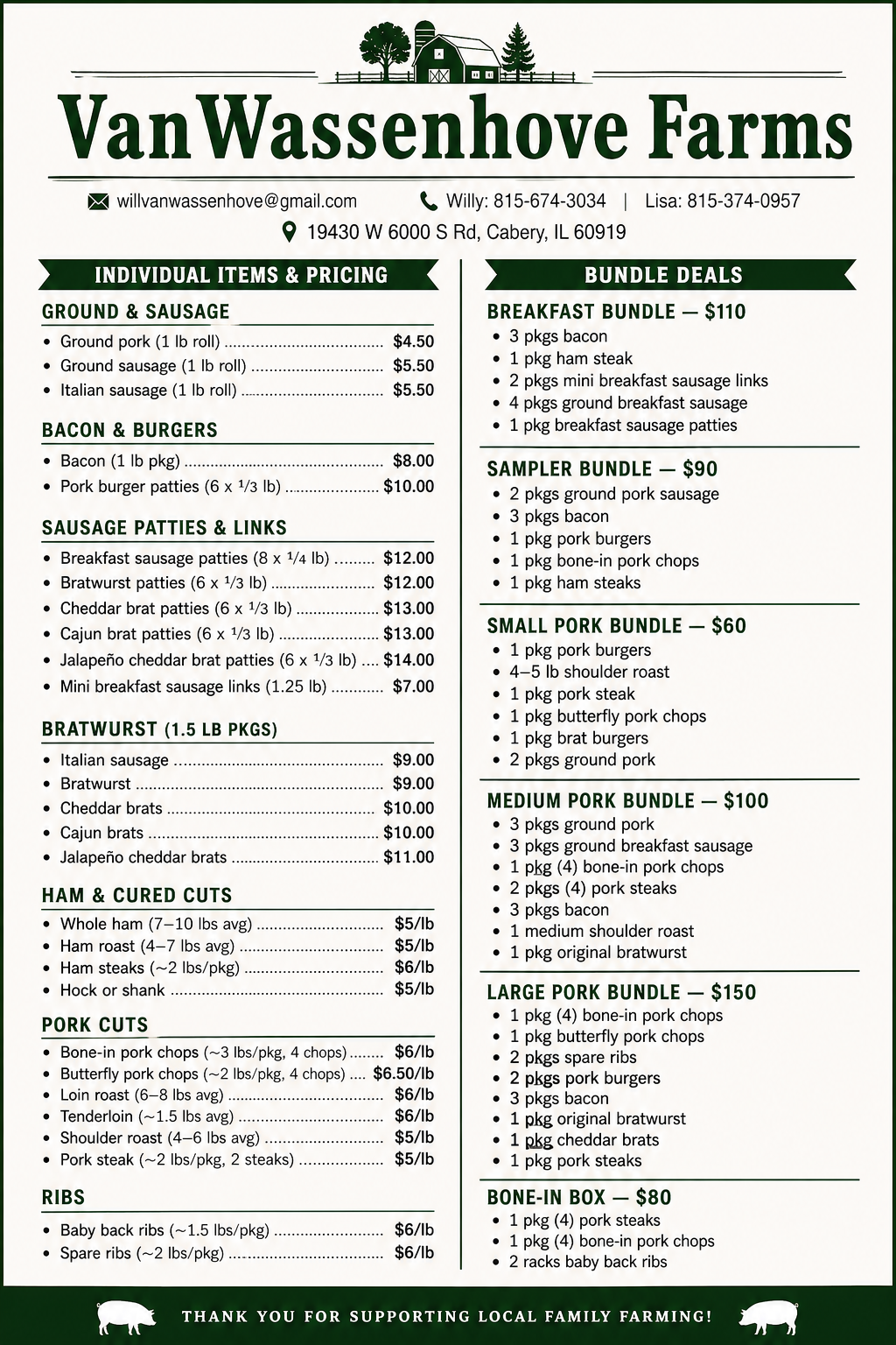 VanWassenhove Farms produce price list on a white flyer with green headers and black text.