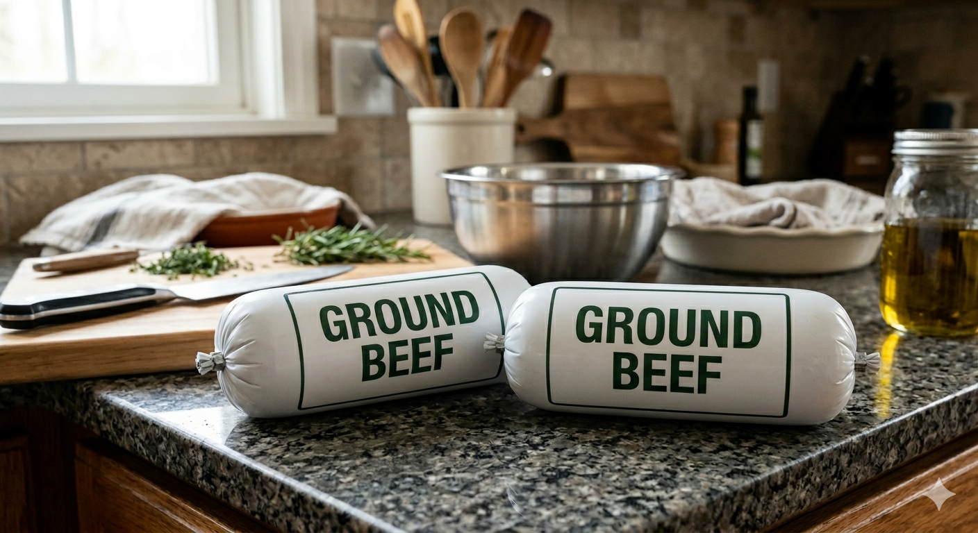 Two packages labeled “GROUND BEEF” on a kitchen countertop with cooking utensils in the background