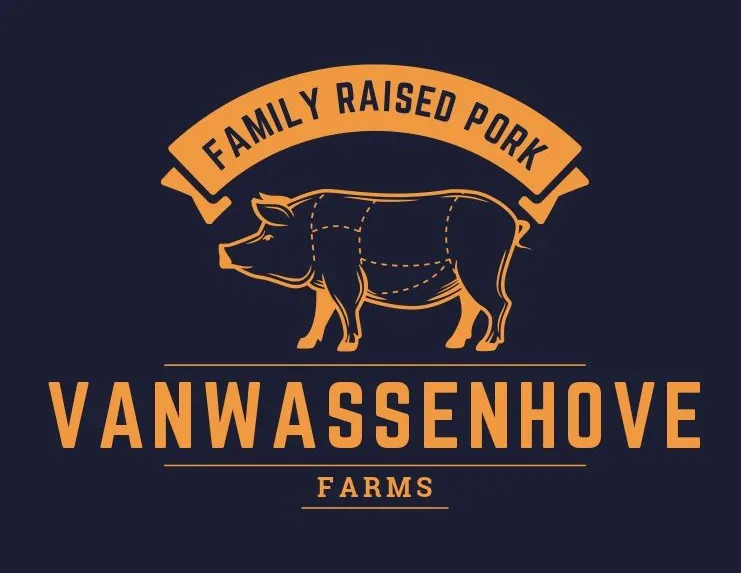 VanWassenhove Farms logo with a pig silhouette and &ldquo;Family Raised Pork&rdquo; on a dark background