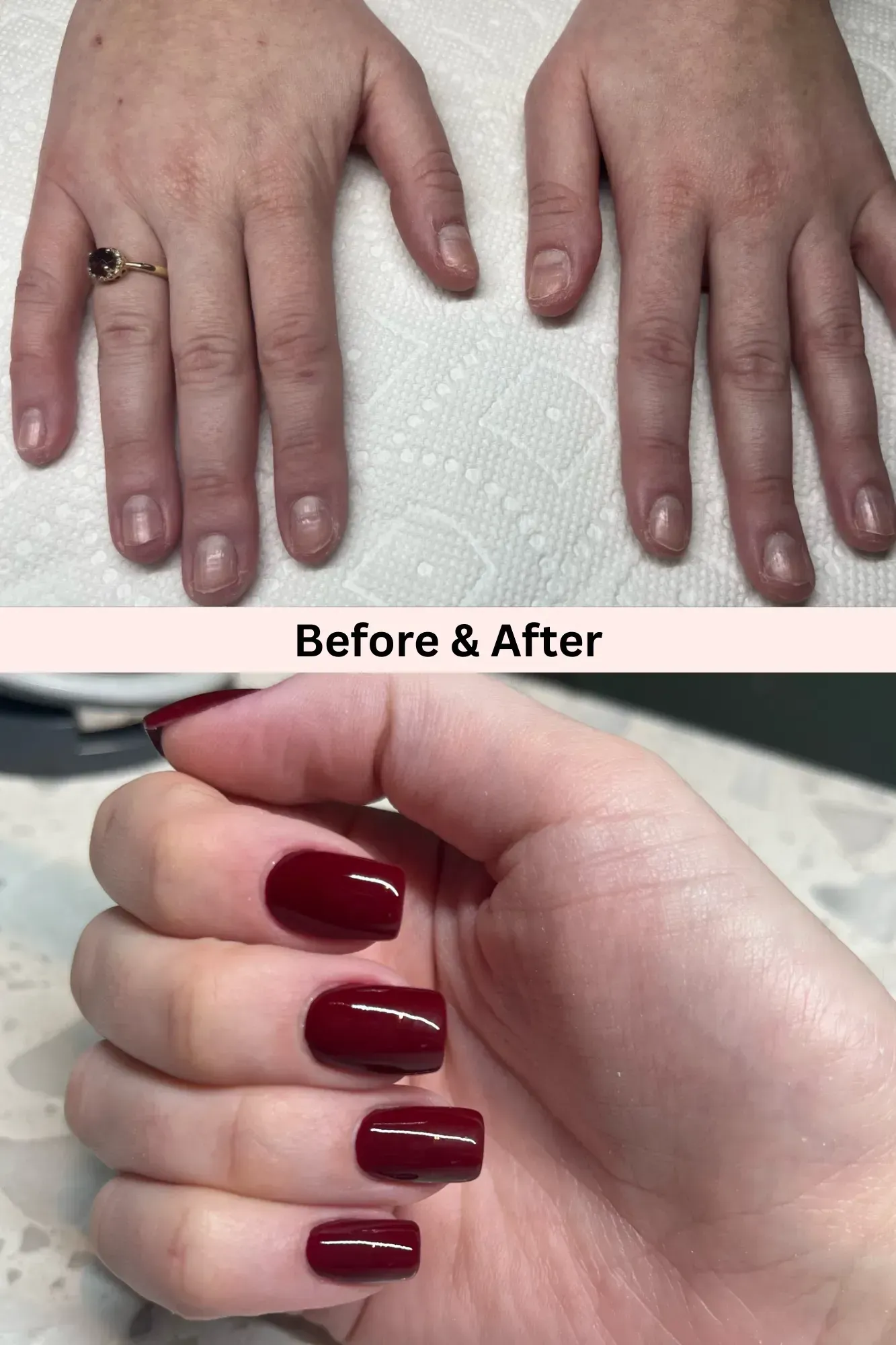 Before and after of bare hands to red nail polish hands. Before and after of bare hands to red nail polish hands.
