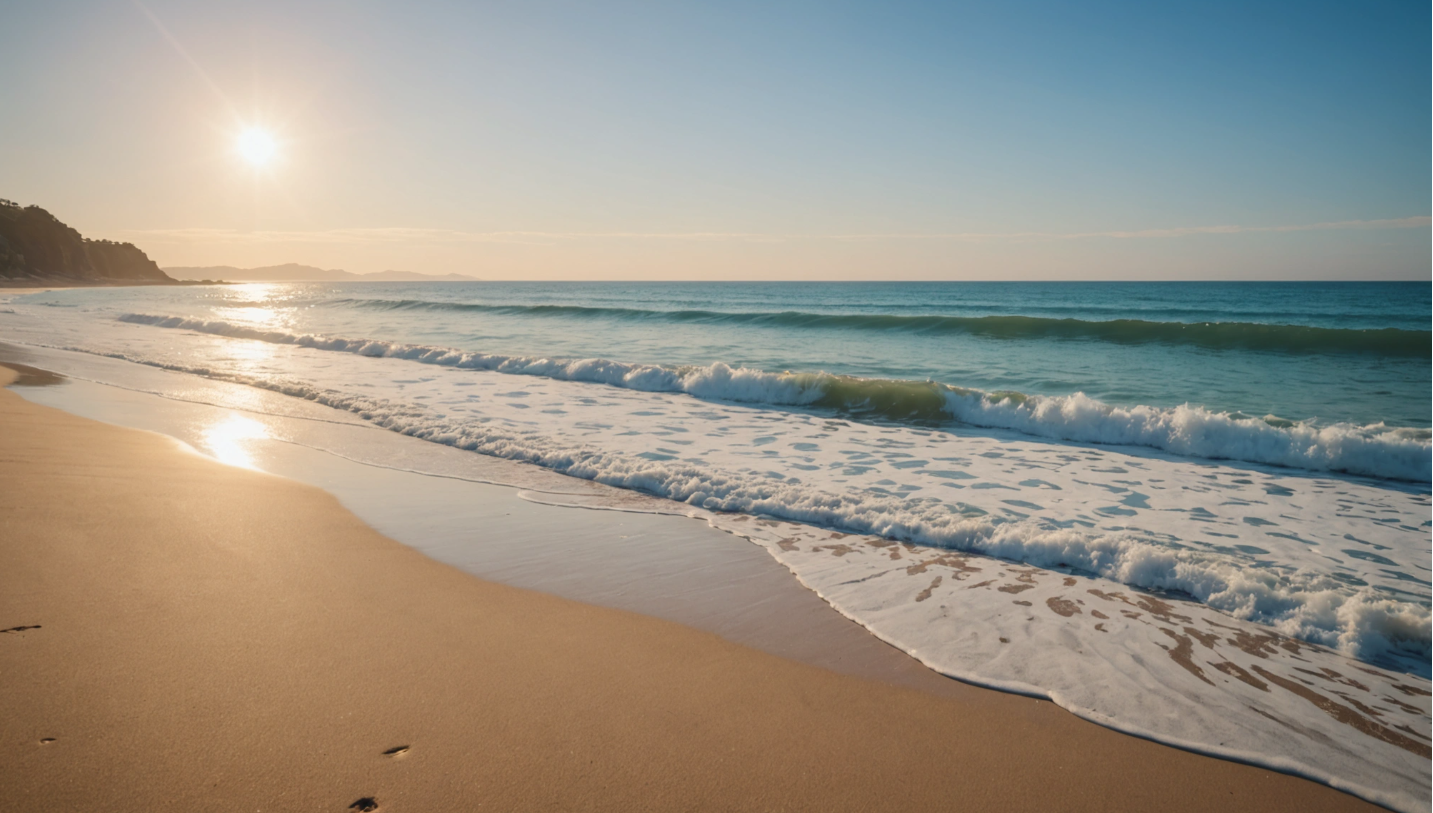 Sandy beach with waves crashing under a bright sun. Sandy beach with waves crashing under a bright sun.