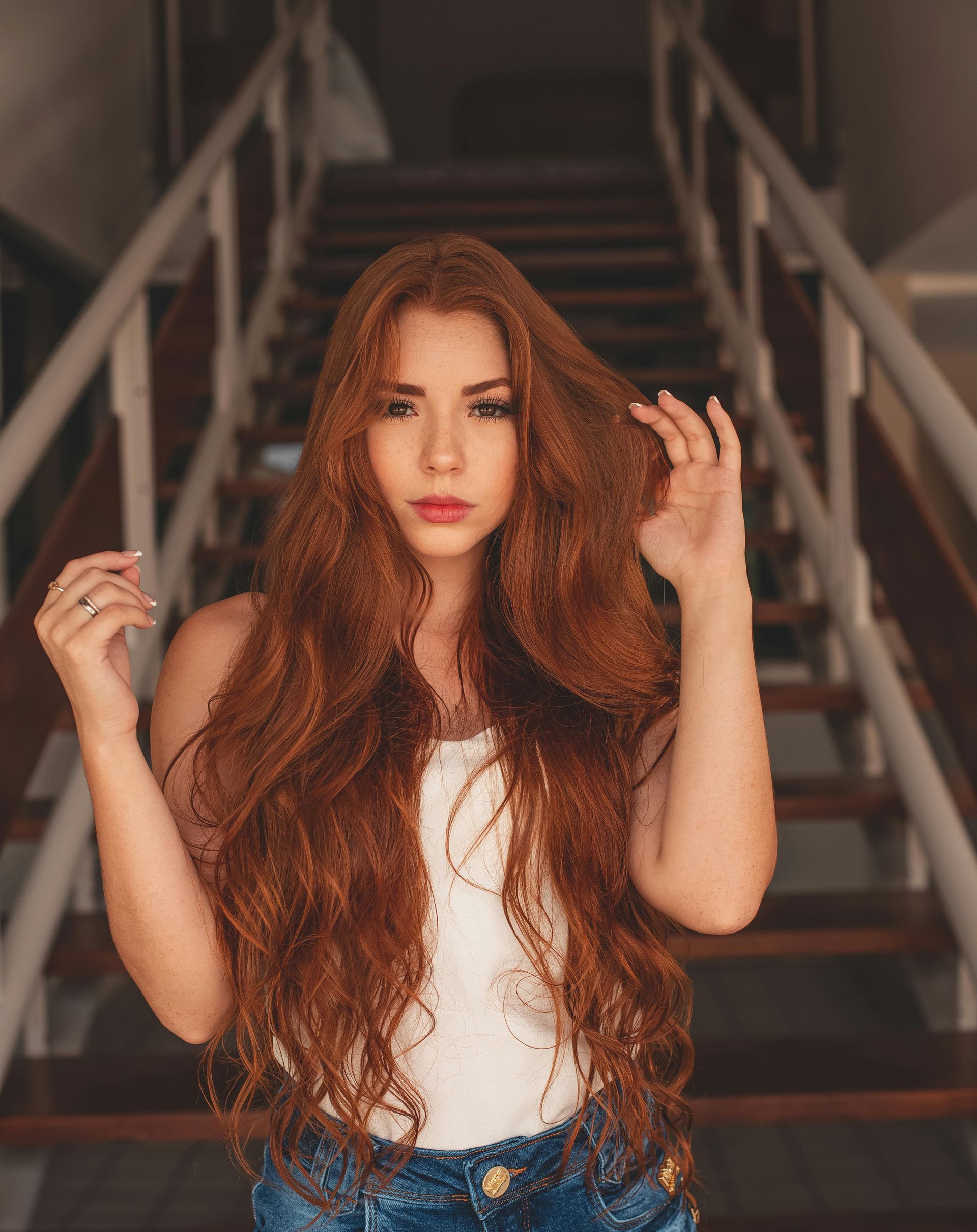 Woman with long red hair.