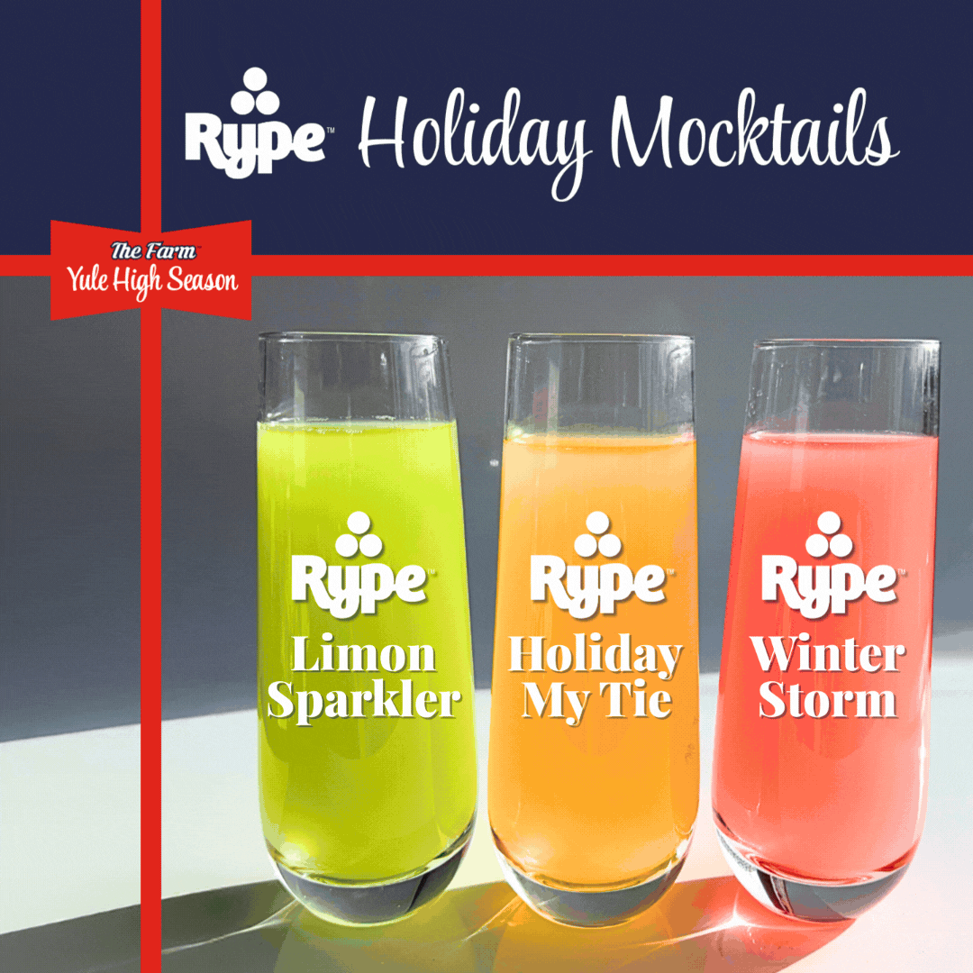 Three festive mocktails made with Rype Beverages in tall glasses: green "Limon Sparkler," orange "Holiday My Tie," and pink "Winter Storm."