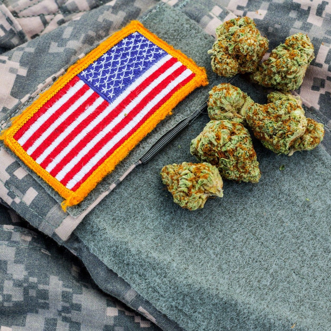 American flag next to cannabis flower