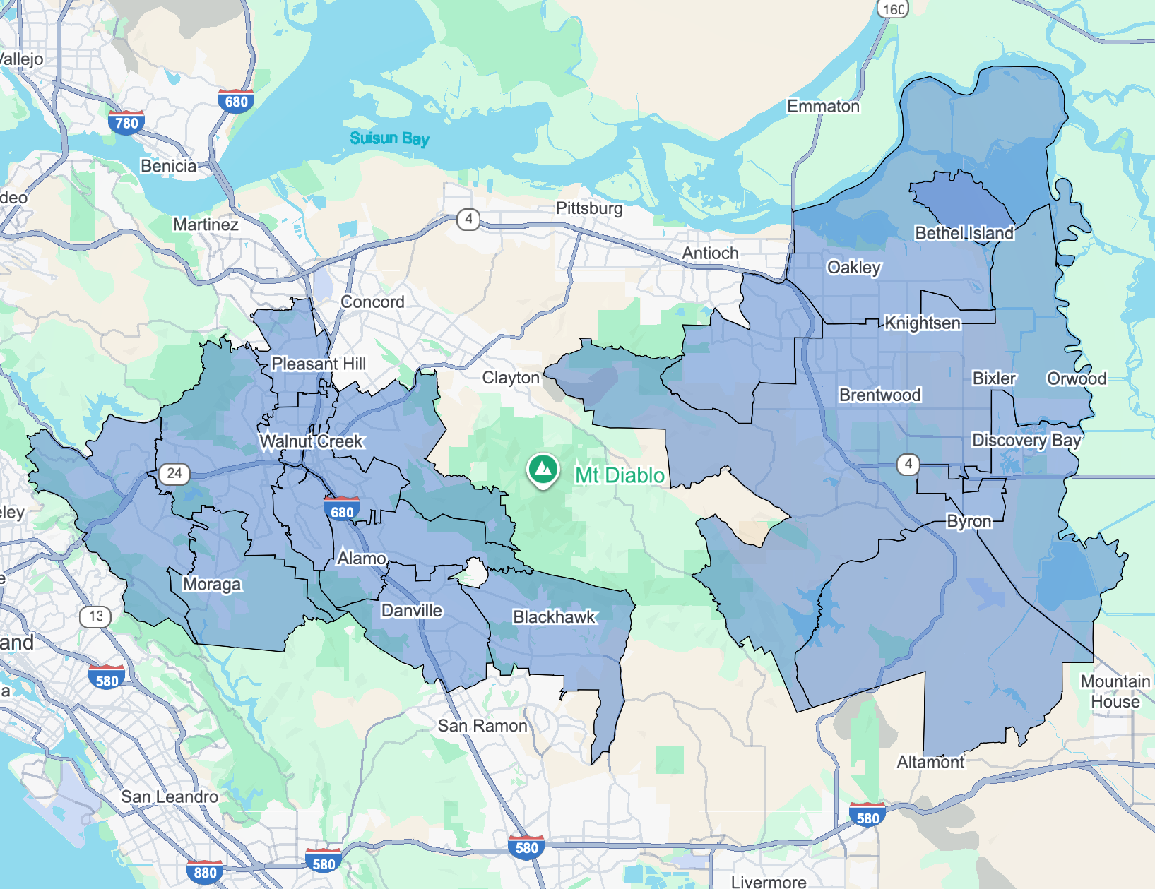 Map of delivery area including Bryon 94514, Antioch 94531, Oakley 94561,  Brentwood 94513, Knightsen 94548, Bethel Island 94511, and
Discovery Bay 94505.