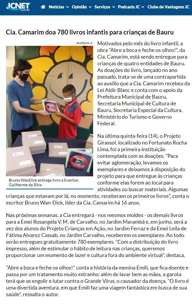 Reportagem sobre o livro, para crianças, “Abre a boca e feche os olhos” do Bruno Wan-Dick