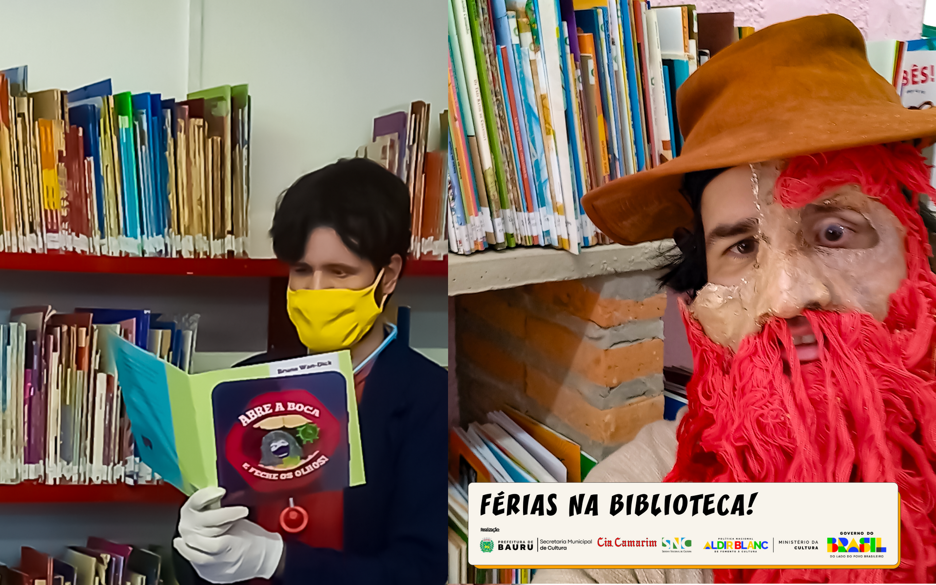 Personagens Dr. Abre a Boca e Zé Barbado na Biblioteca Municipal de Bauru