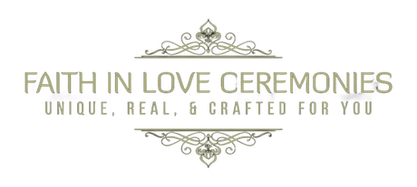 Logo for Faith In Love Ceremonies: text in elegant serif font with decorative filigree borders above and below.