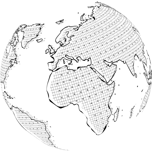 A black and white drawing of a globe on a white background.