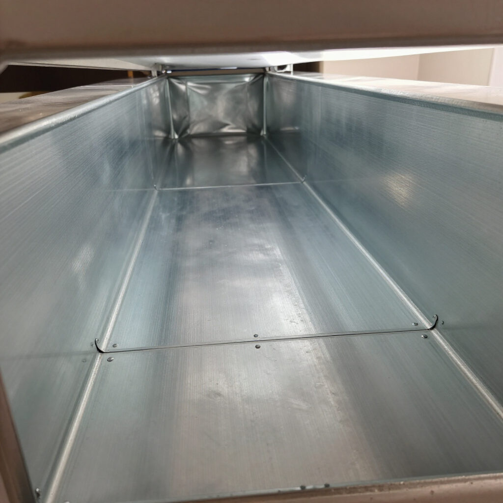 Vue intérieure d'un long conduit de ventilation rectangulaire en acier galvanisé.