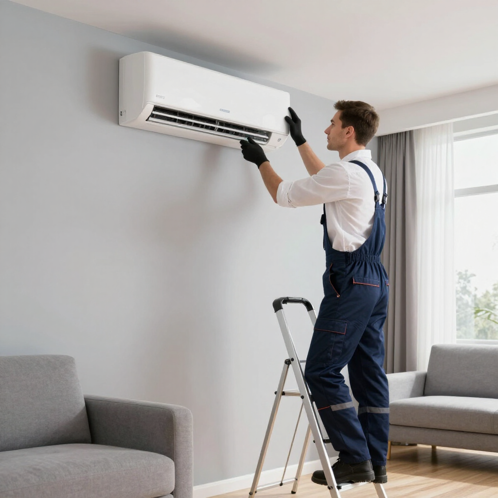 Un professionnel en combinaison de travail bleu foncé et gants noirs installe un climatiseur mural blanc sur un escabeau.