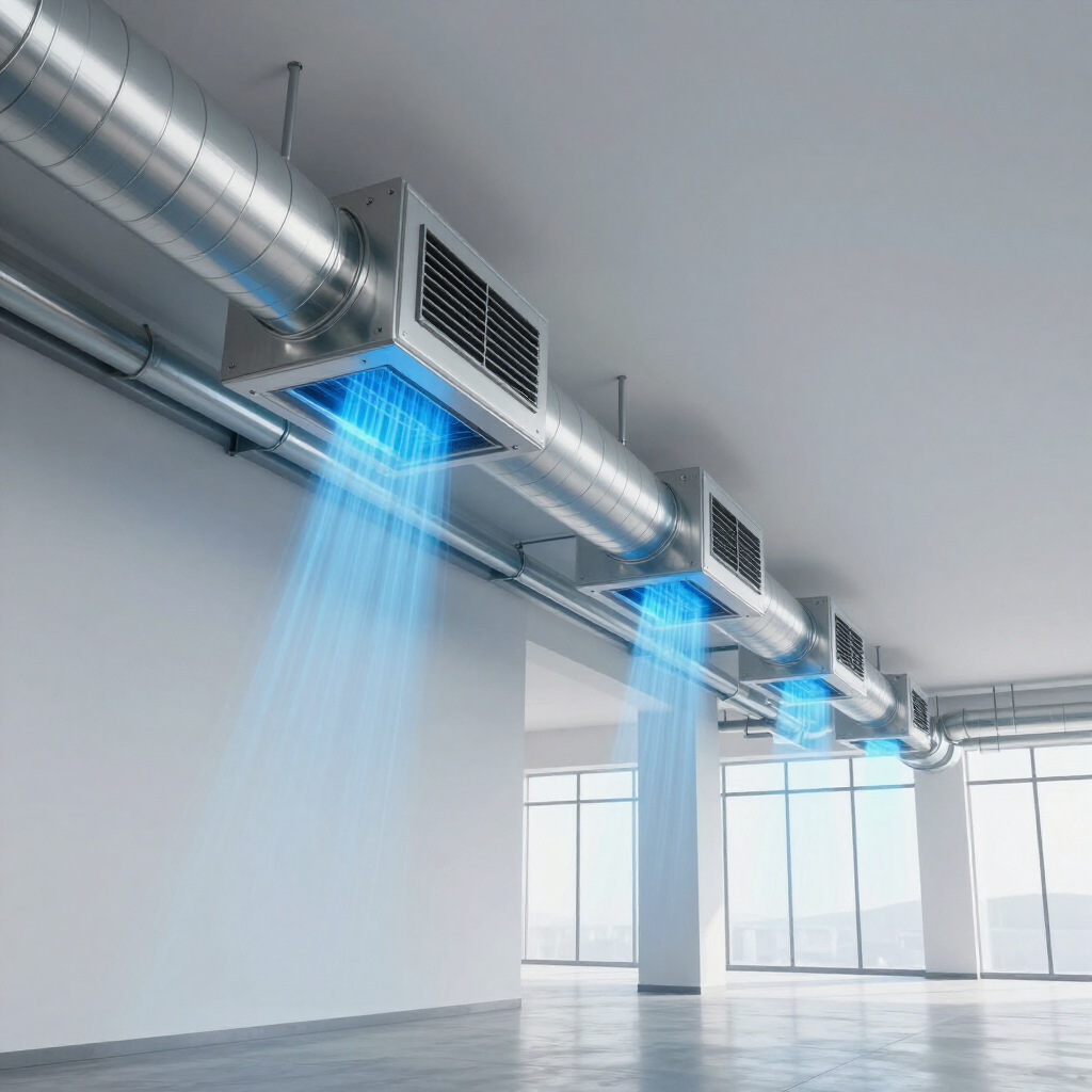 Vue en coupe d'un conduit de ventilation avant et après nettoyage professionnel.