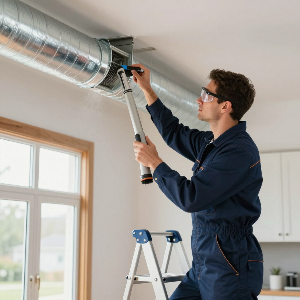 Un technicien en uniforme nettoie ventilation au plafond.