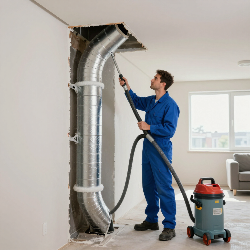 Une personne utilise un aspirateur pour nettoyer l'intérieur d'un conduit