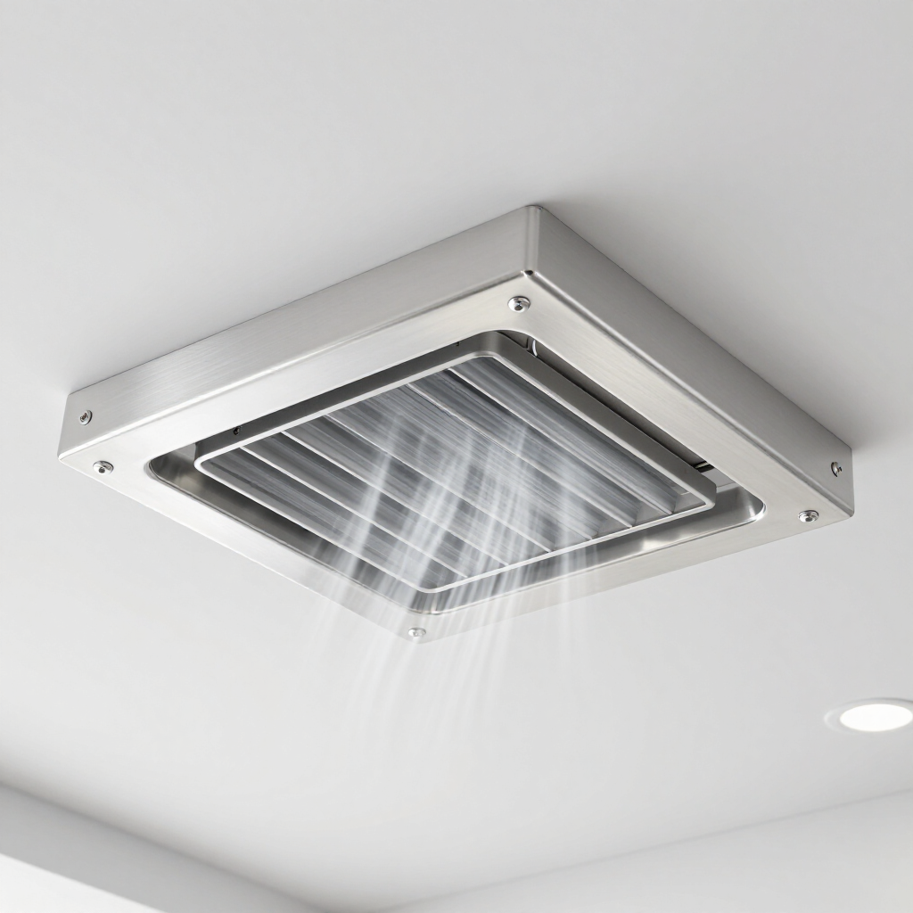Un ventilateur de plafond carré argenté diffusant une lumière douce ou une brume légère.