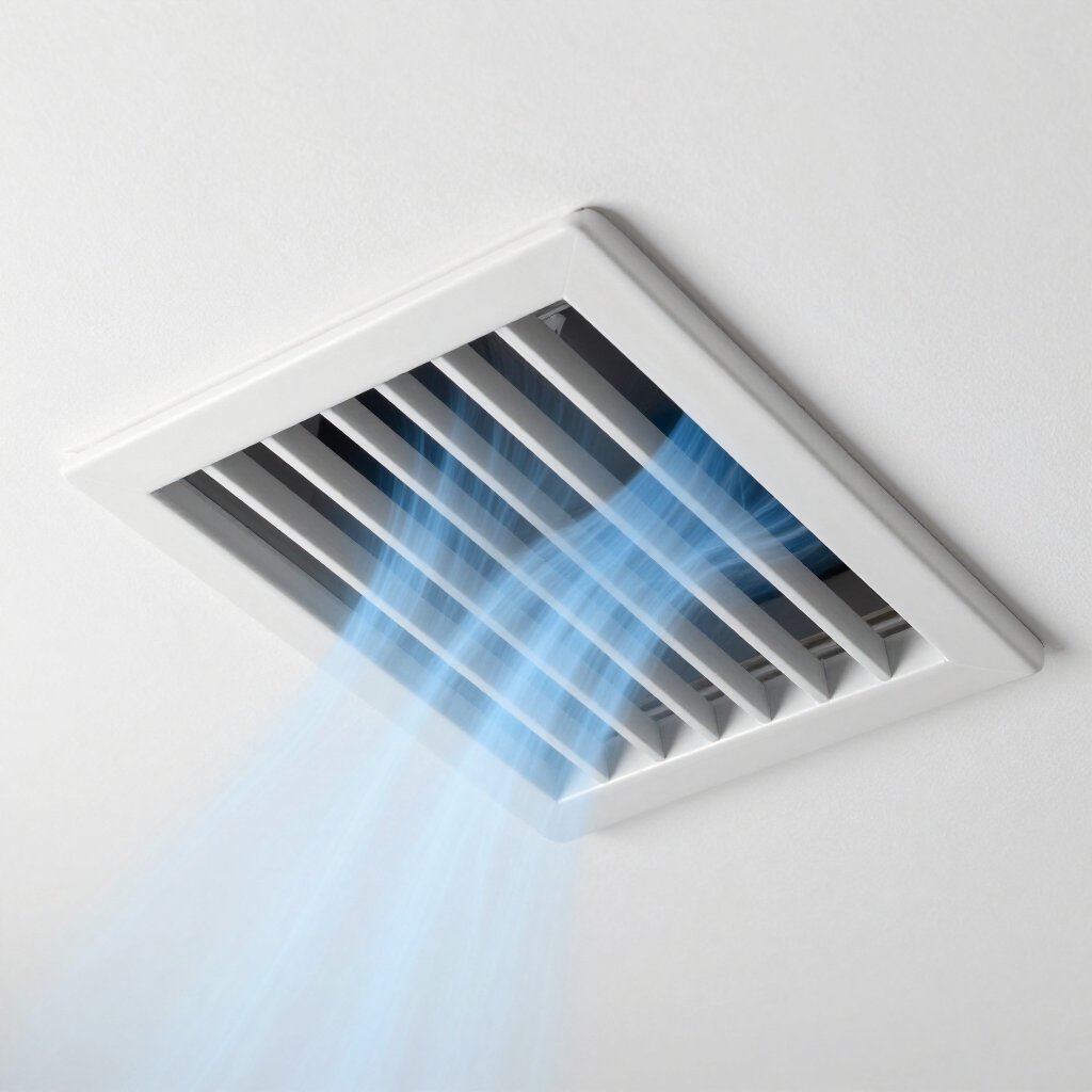 Une grille d'aération blanche au plafond souffle un flux d'air frais et bleu dans la pièce.