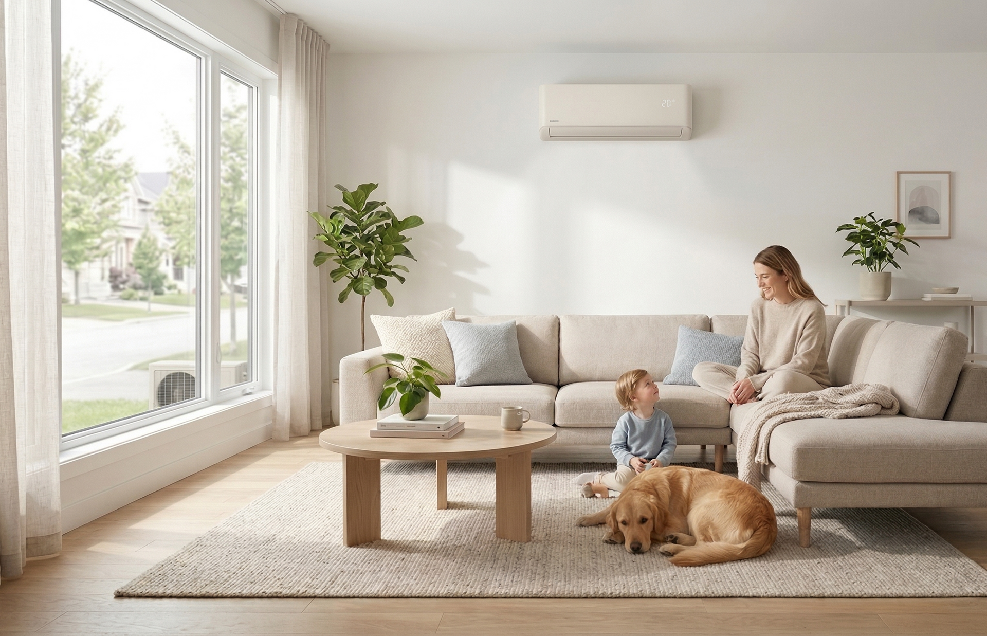 Un parent, un enfant et un chien sont assis sur un canapé dans un salon moderne et lumineux équipé d'un climatiseur.