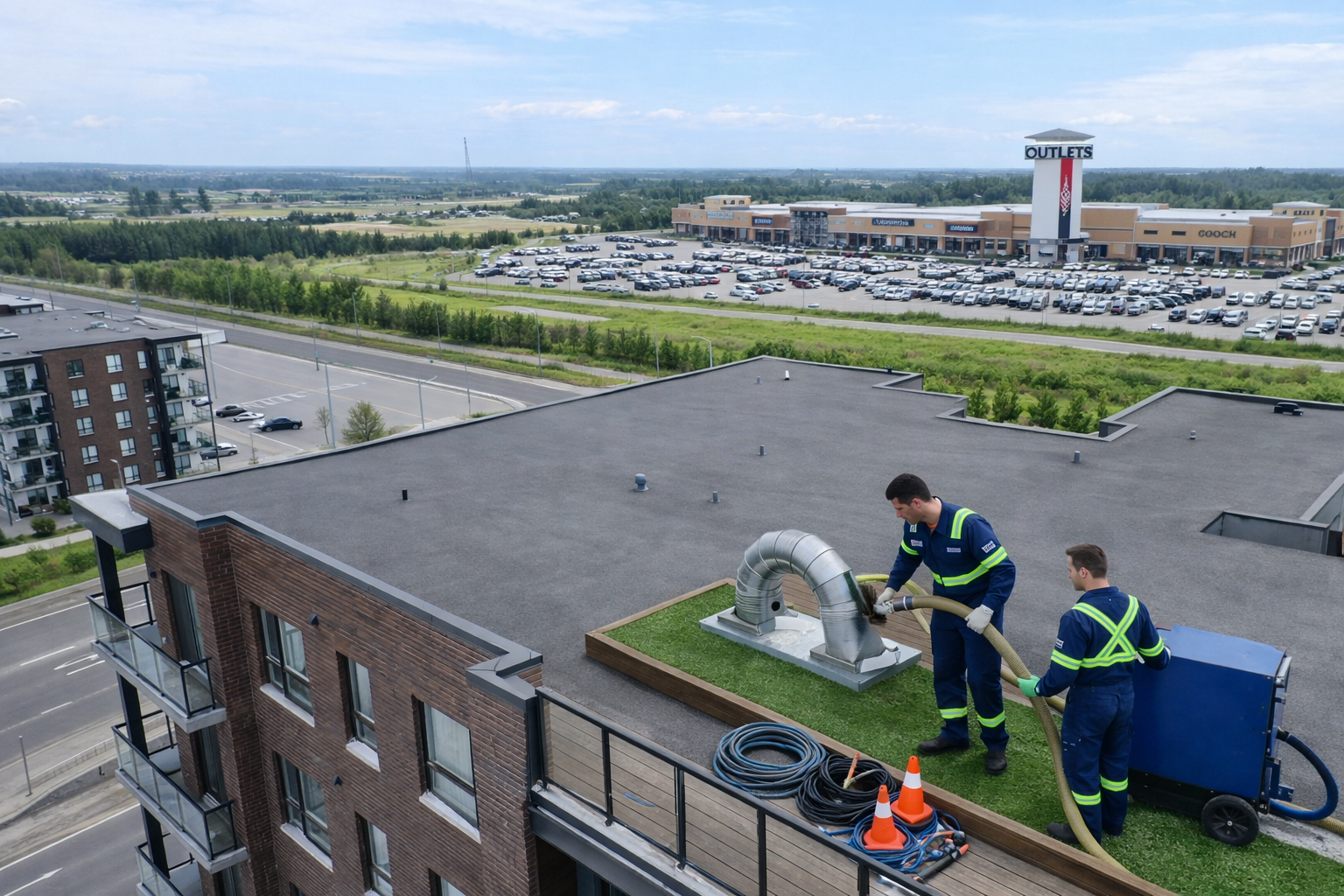 Deux ouvriers en uniformes, utilisent un tuyau d'arrosage pour effectuer l'entretien d'une conduite de ventilation.
