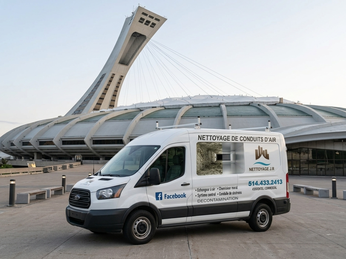 Une camionnette de service blanche garée devant le Stade olympique de Montréal au coucher du soleil.