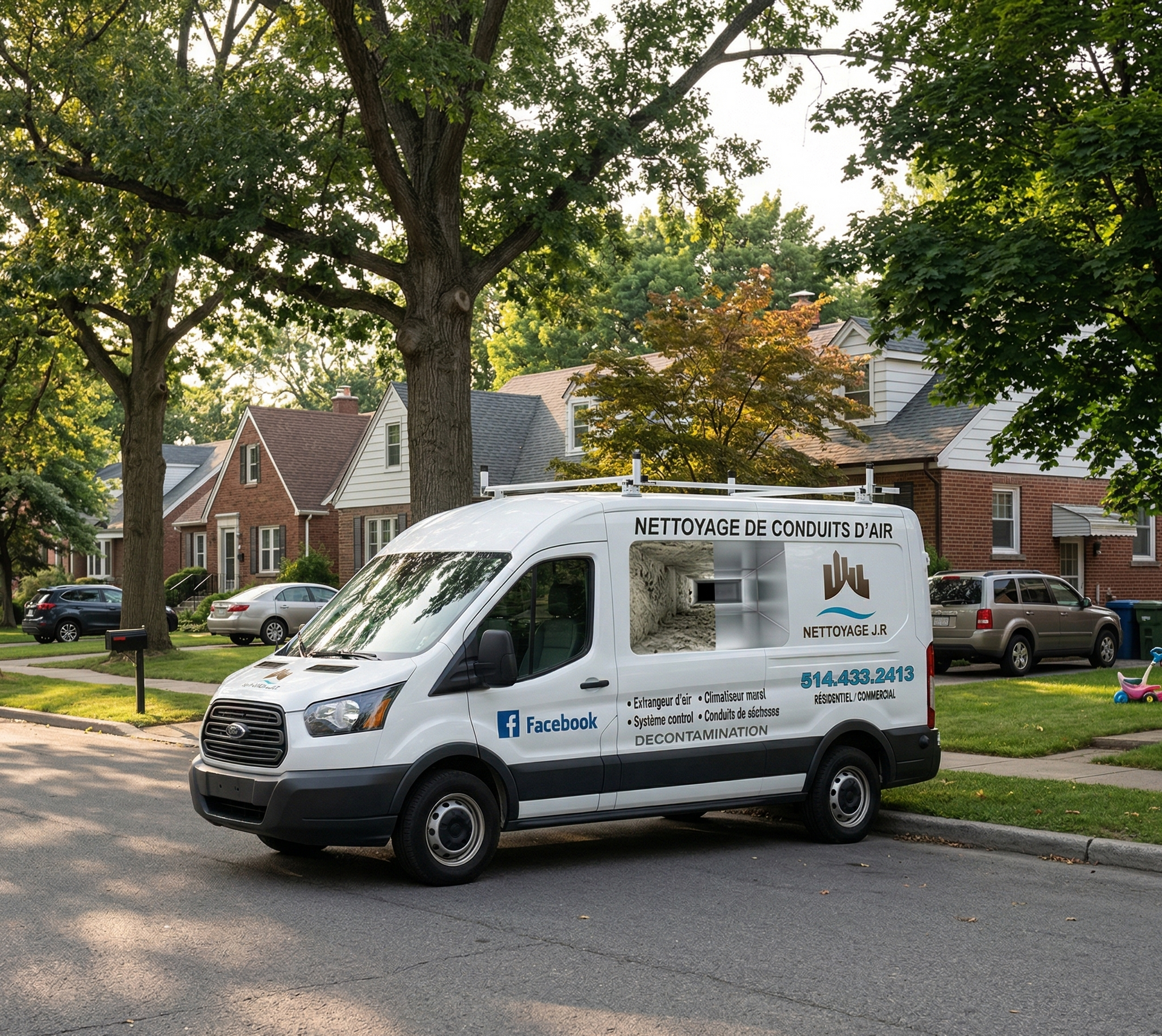 Une camionnette blanche de nettoyage professionnel est garée dans une rue de banlieue bordée d'arbres et de maisons.