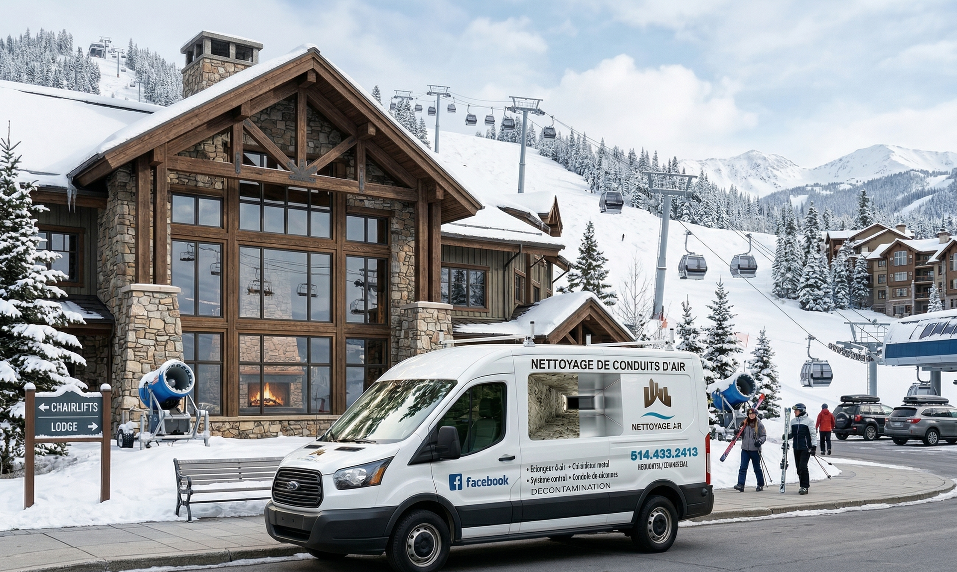 Une camionnette blanche garée devant un chalet rustique en pierre et en bois, dans une station de ski.