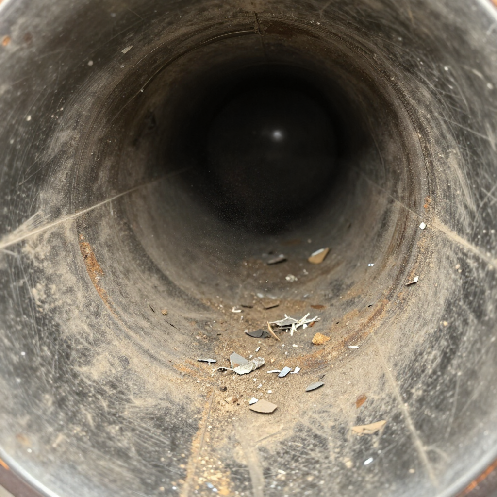 Vue intérieure d'un conduit métallique circulaire poussiéreux montrant des débris et des particules de matière.